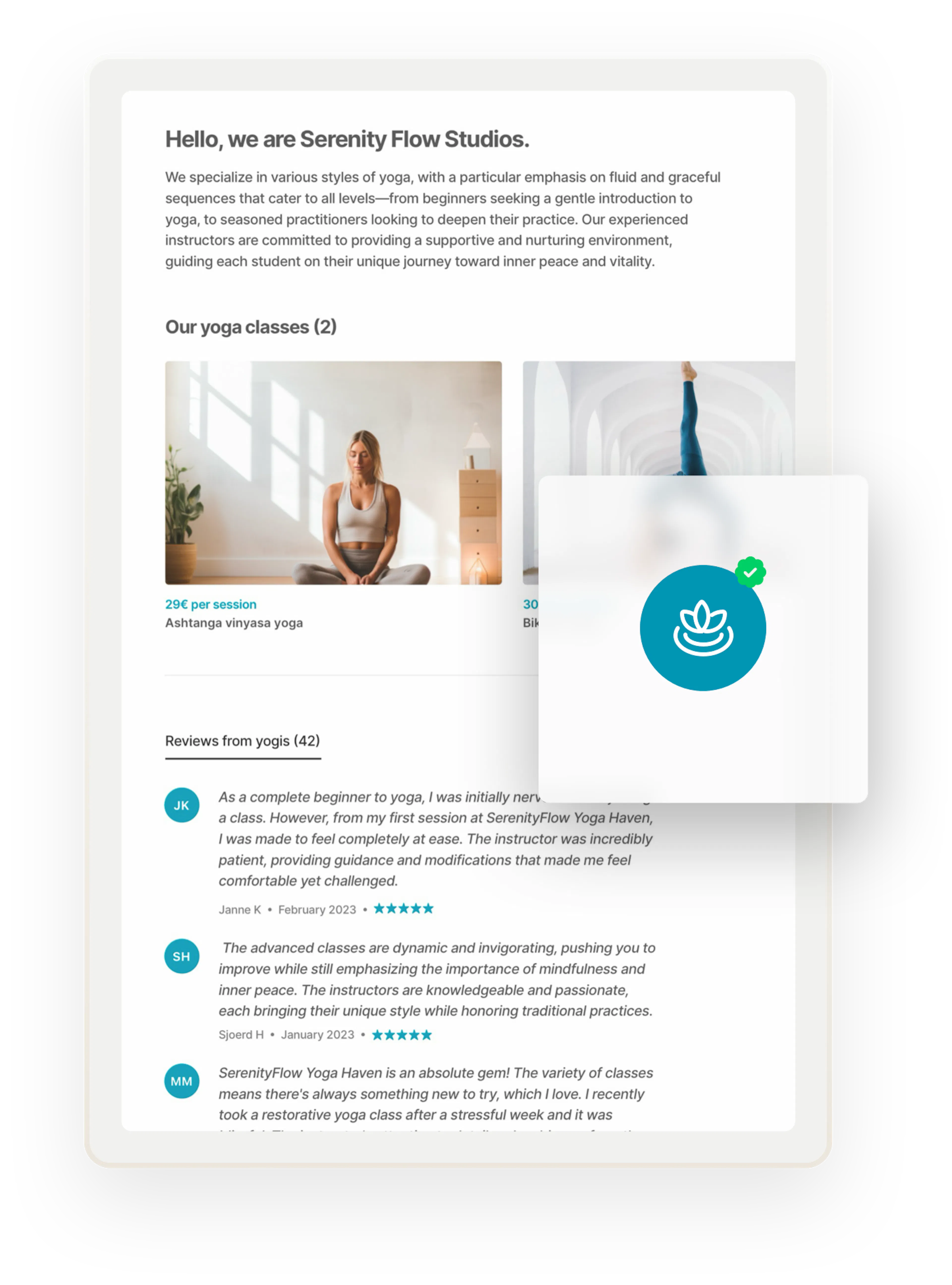 A sample page for a yoga class provider called Serenity Flow Studios. The logo of the yoga school is overlaid with a badge that denotes verification. The page also includes glowing reviews from customers.
