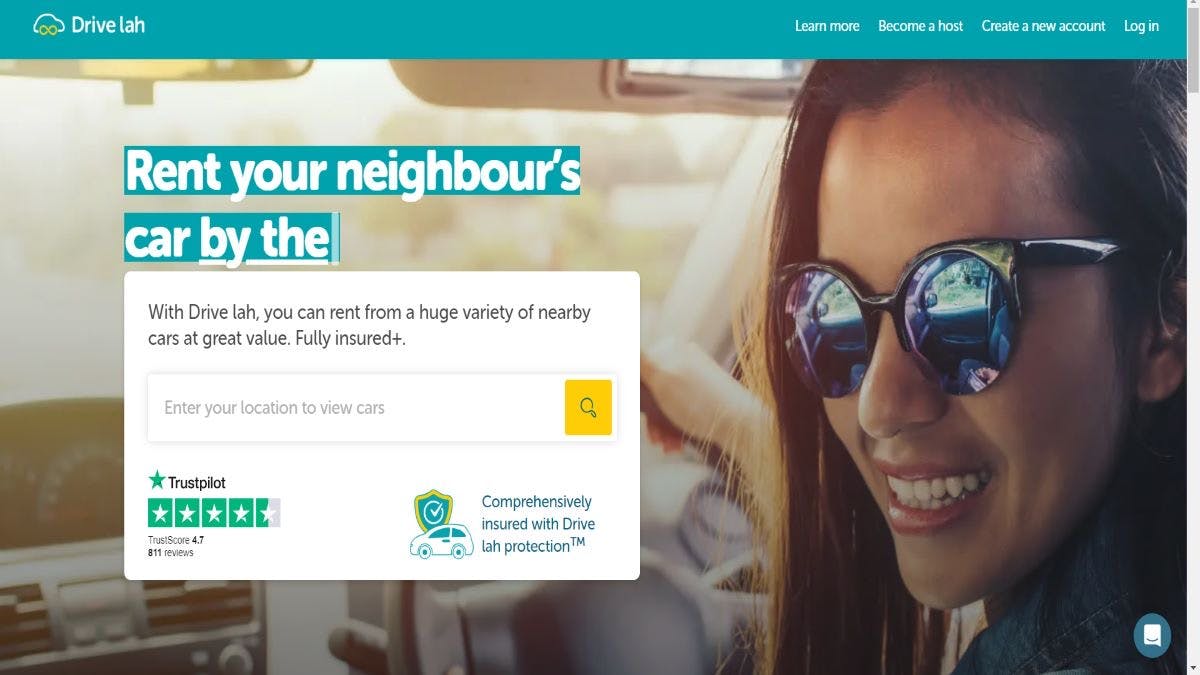 Screenshot of the landing page of Drive lah, a Sharetribe-powered marketplace for peer-to-peer car rental.