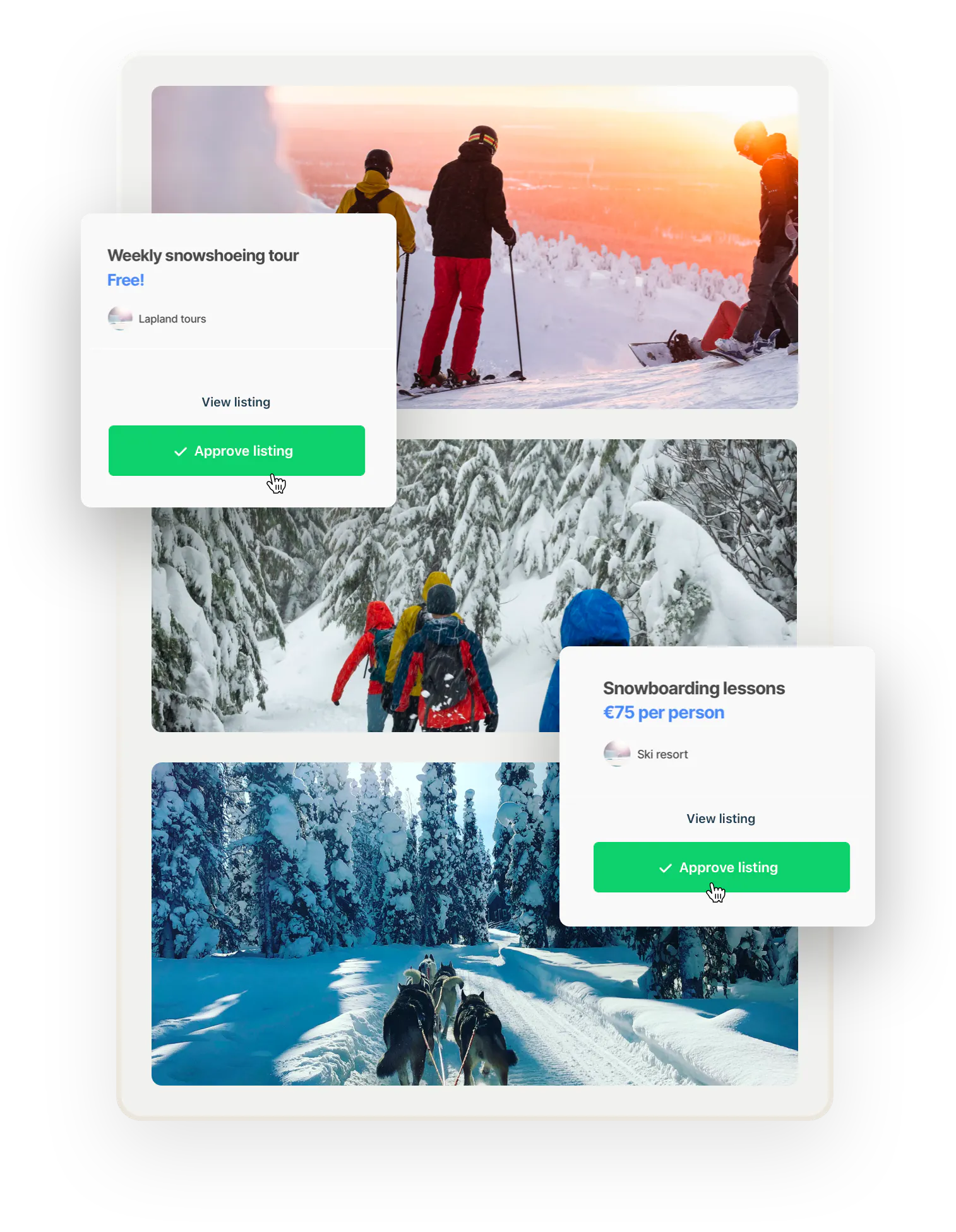 In the background, there are three images of groups in the winter wonderland of Finnis Lapland skiing, hiking, and dog-sledding. Overlaid on top are two boxes of listings the operator needs to approve before they're published.