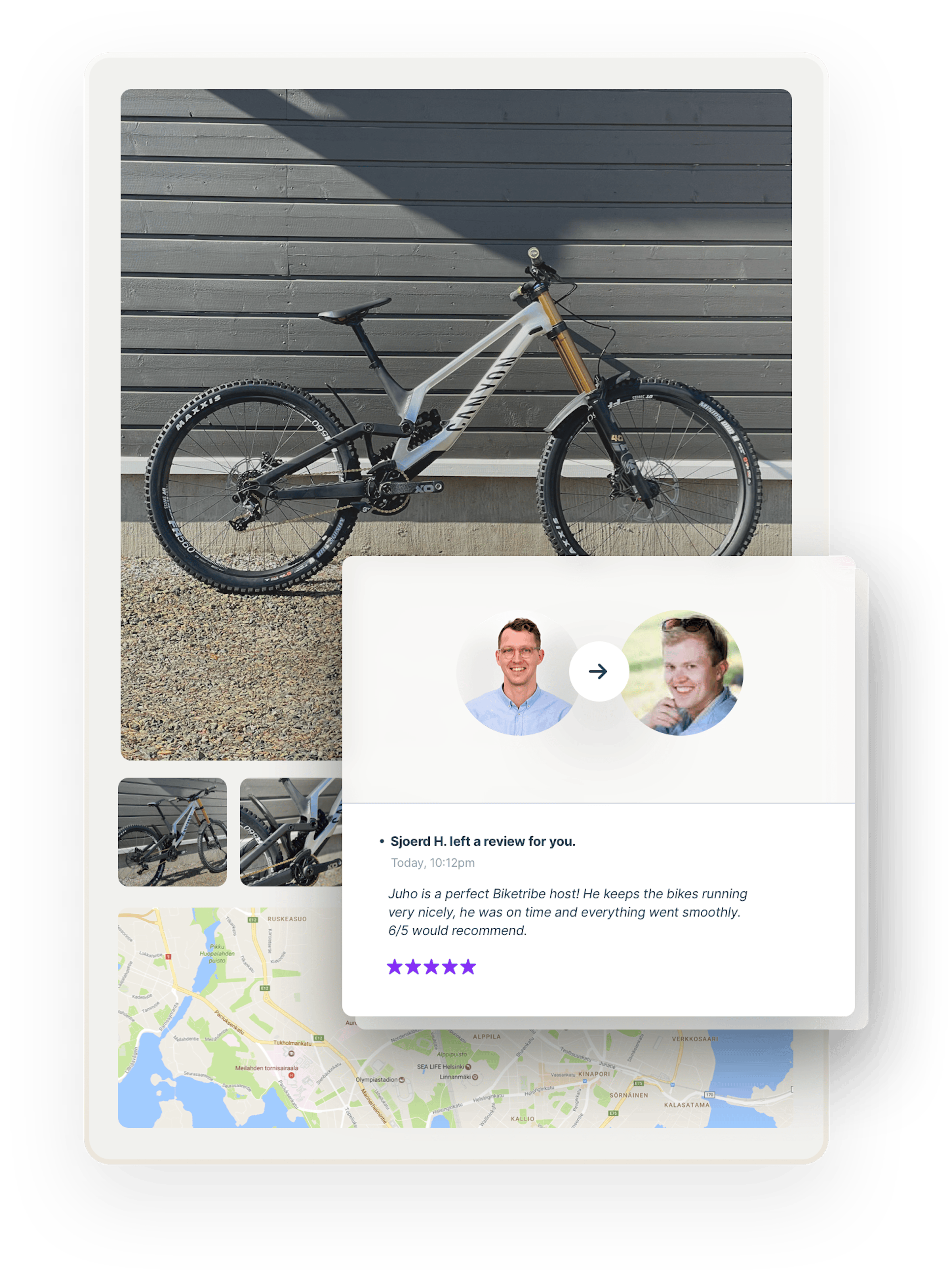 A bike marketplace listing with images and a map. A box overlaid on top shows a review from a customer, Sjoerd, to Juho, the bike owner. The review consists of a five start rating and a glowing text review.