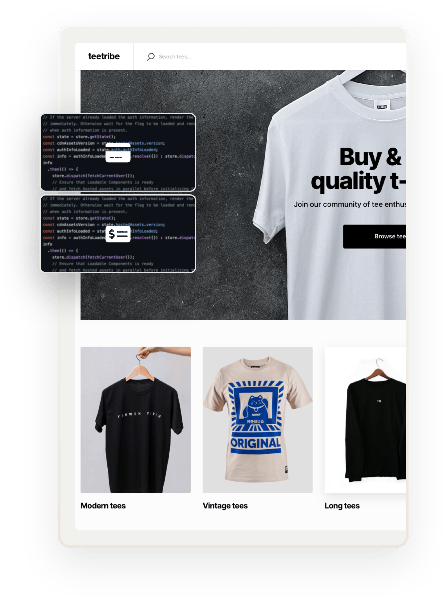 A snapshot of a landing page for Teetribe, a sample marketplace for selling t-shirts. Overlaid on top are two boxes showing code, a credit card symbol and a cheque symbol.