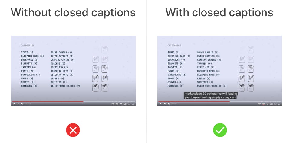 Design example for video captions. Two screenshots of a Youtube video, one on the left without closed captions, on the right with captions.