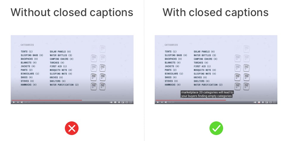 Two screenshots of a Youtube video, one on the left without closed captions, on the right with captions.