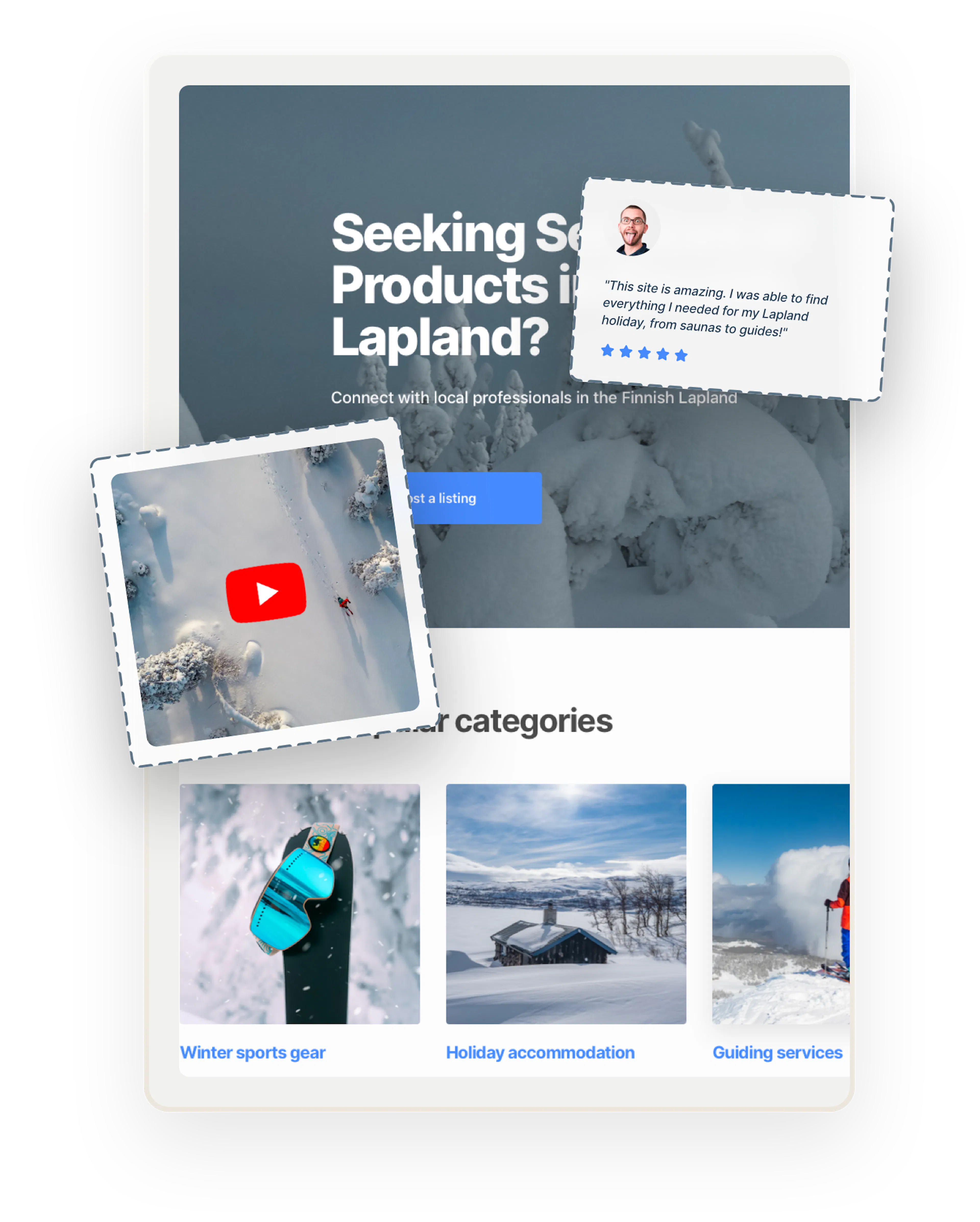 A snapshot of a landing page for Localtribe, a sample marketplace in Finnish Lapland. An image of a 5-star review and a video thumbnail are overlaid on top.