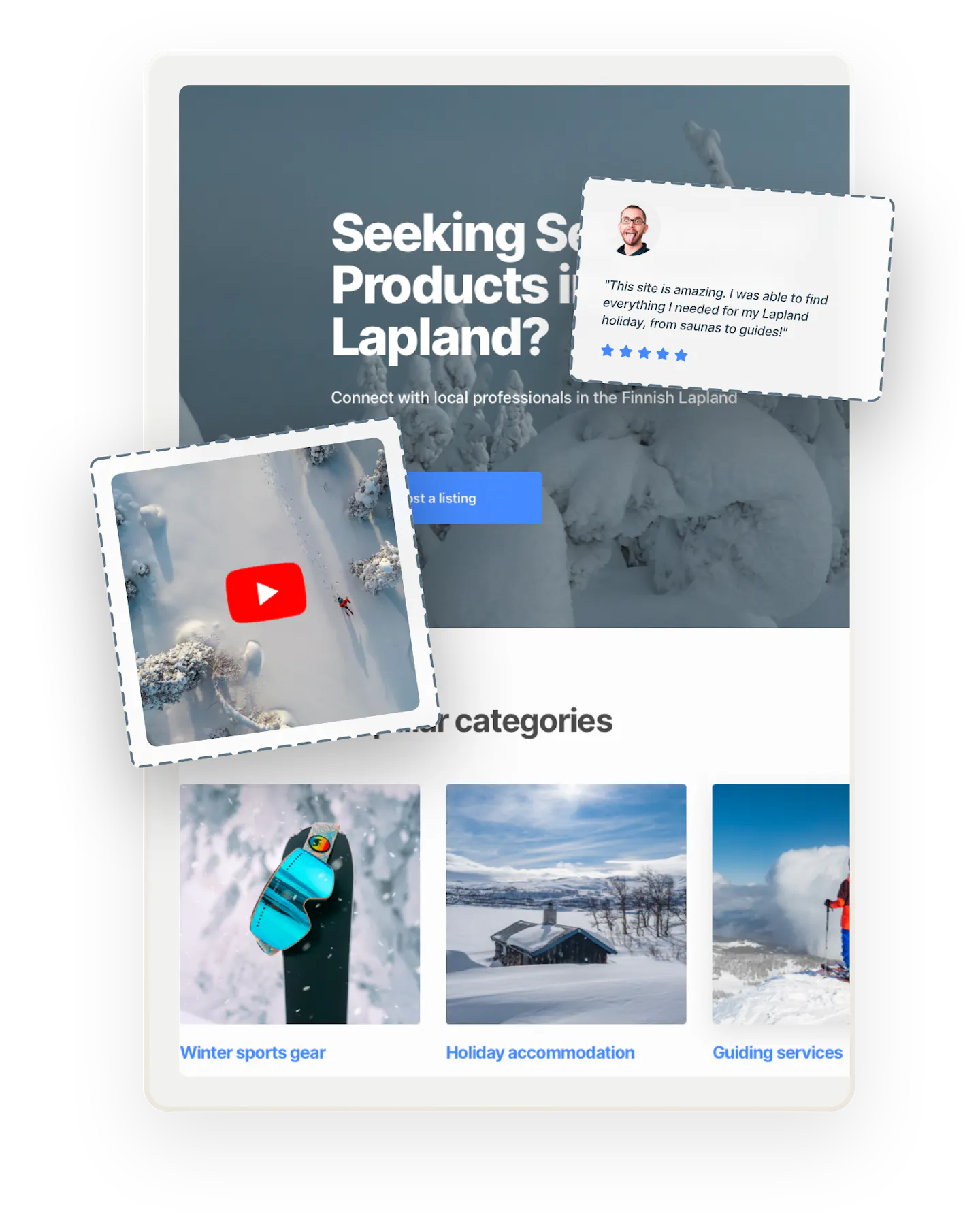 A snapshot of a landing page for Localtribe, a sample marketplace in Finnish Lapland. An image of a 5-star review and a video thumbnail are overlaid on top.