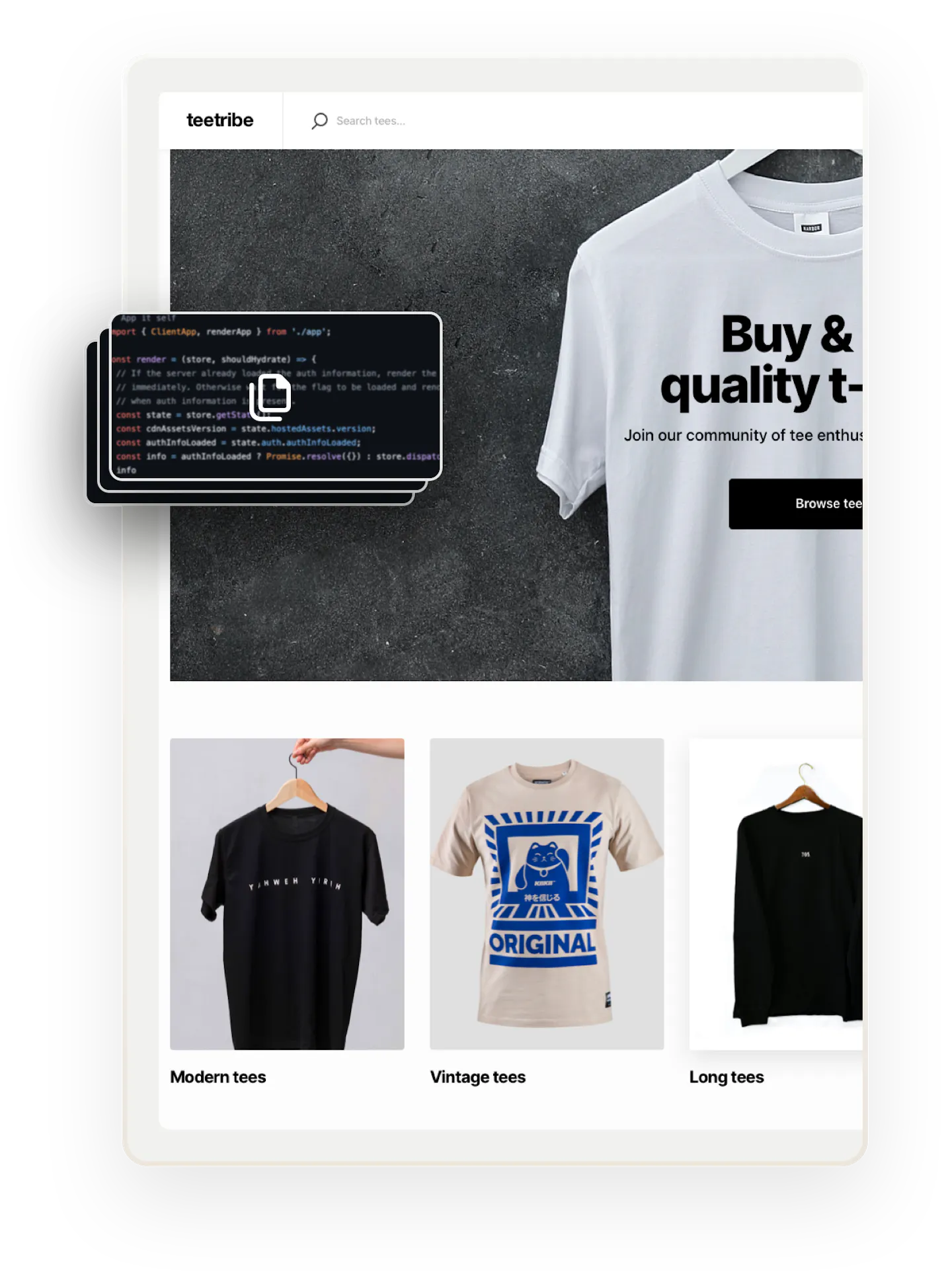A snapshot of a landing page for Teetribe, a sample marketplace for selling t-shirts. Overlaid is a box of code with a symbol of many documents on top of each other, denoting variations.