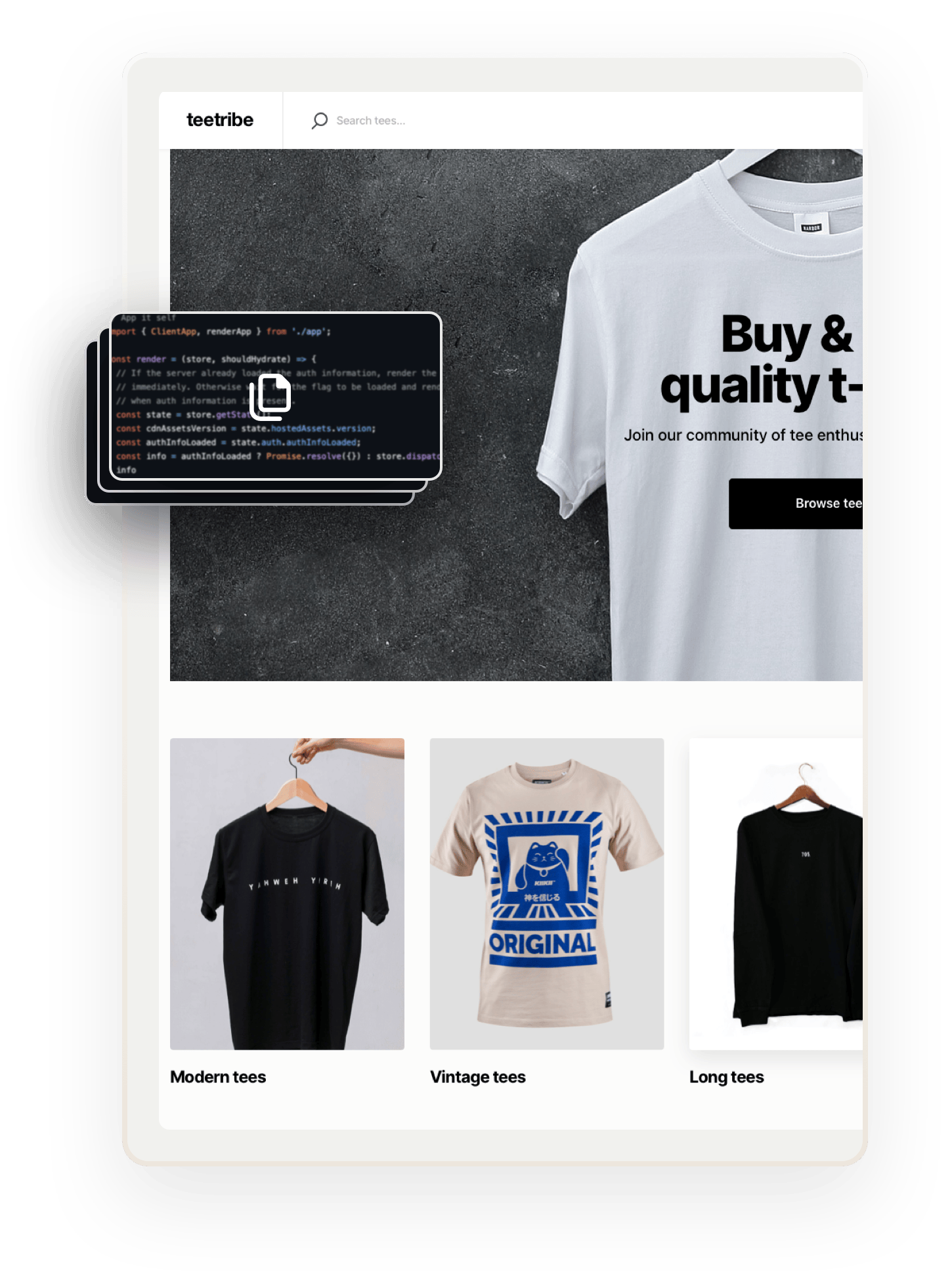 A snapshot of a landing page for Teetribe, a sample marketplace for selling t-shirts. Overlaid is a box of code with a symbol of many documents on top of each other, denoting variations.