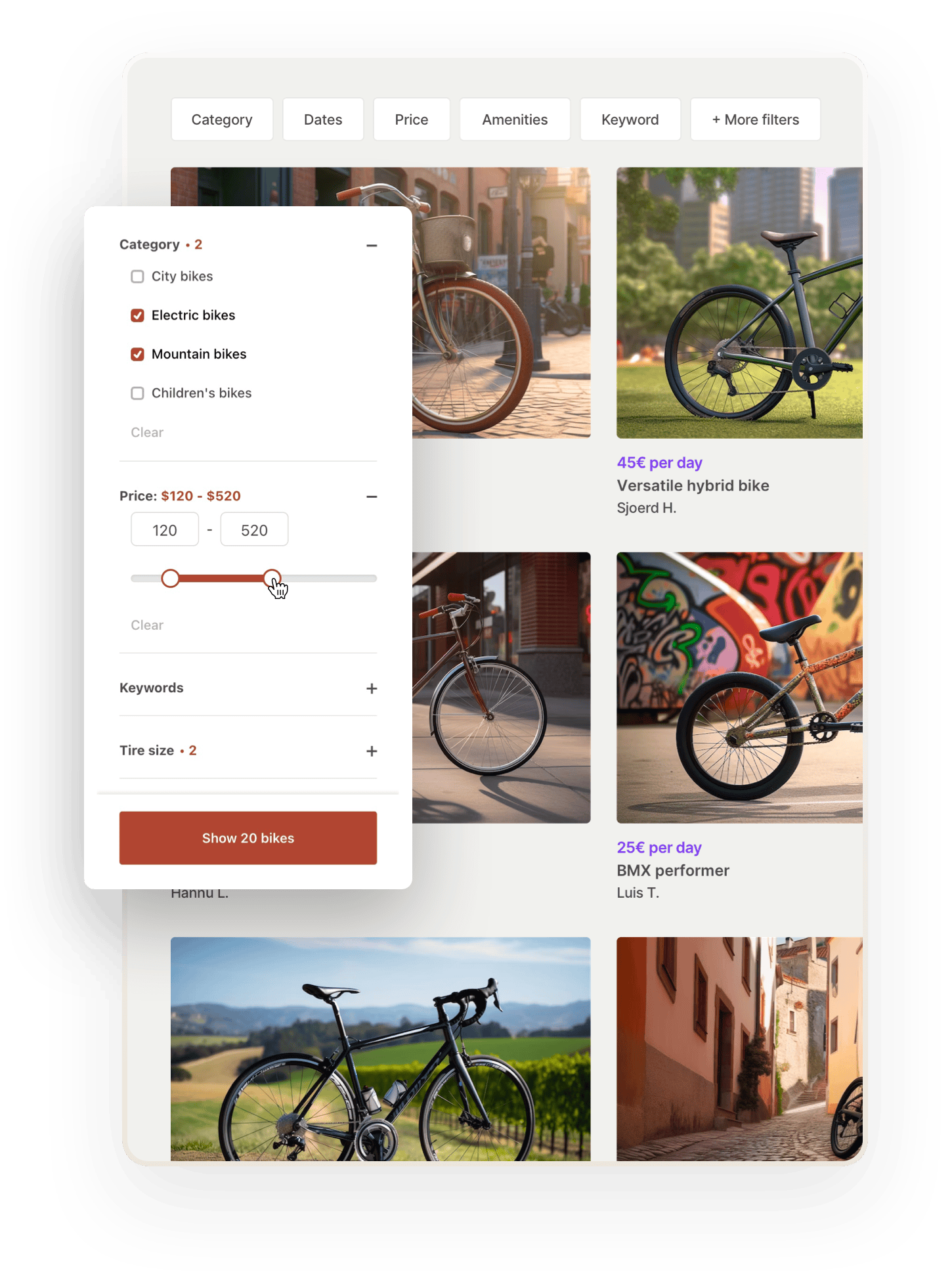 Search filters example. A grid view of the search page with bike listing thumbnails, no map. Search filters are overlaid on top: category, price, keywords, and tire size. The customer has chosen to look for bikes in the price range of 120-520 dollars.