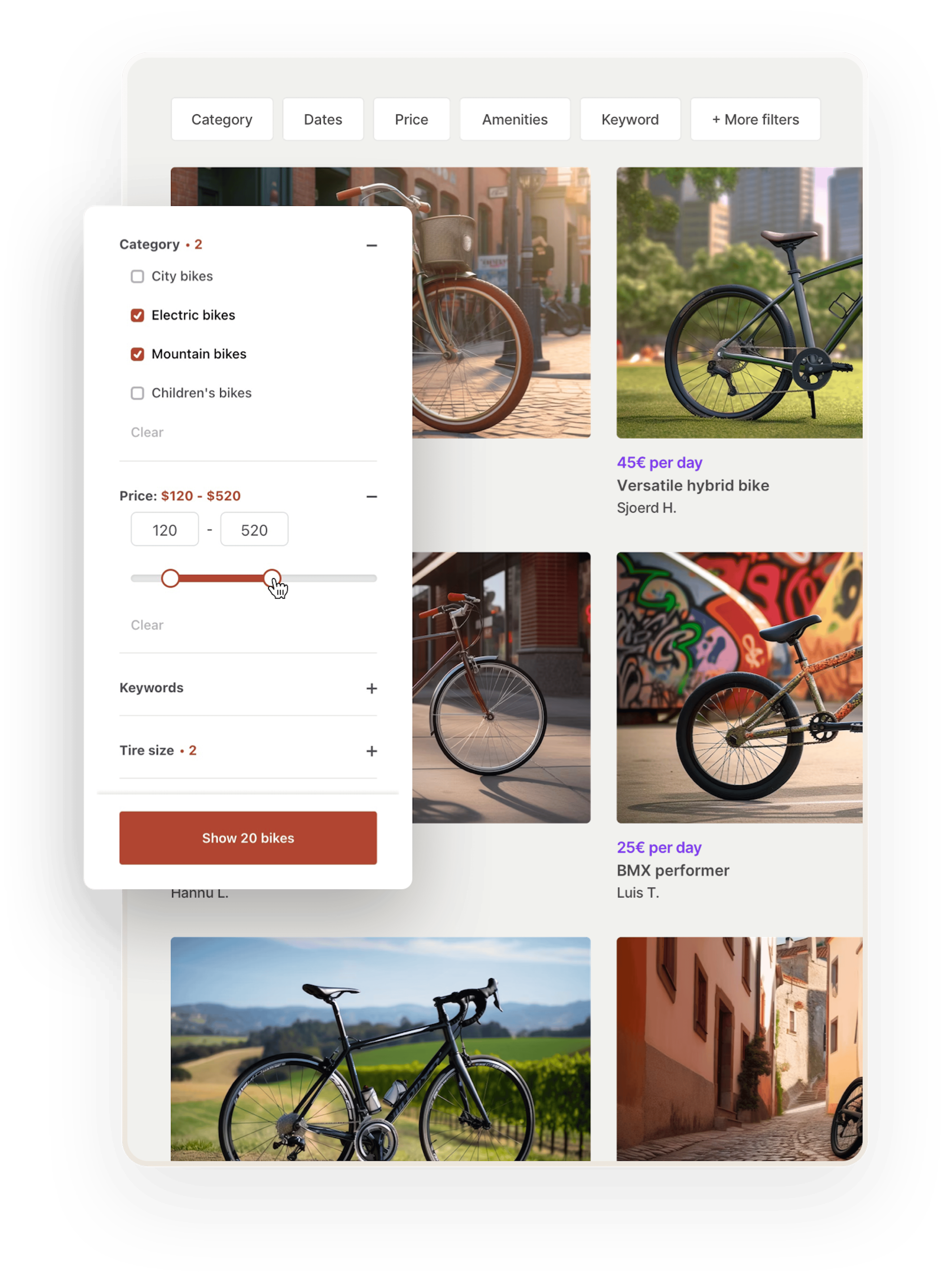 Search filters example. A grid view of the search page with bike listing thumbnails, no map. Search filters are overlaid on top: category, price, keywords, and tire size. The customer has chosen to look for bikes in the price range of 120-520 dollars.