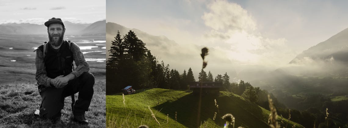 Two images: Oliver Huber posing one knee, smiling in the sunlight. Behind him, a landcape of a marsh and mountains. The other image is a beautiful morning photo of an alpine hill with a hut and spruce trees, with misty mountains in the distance.