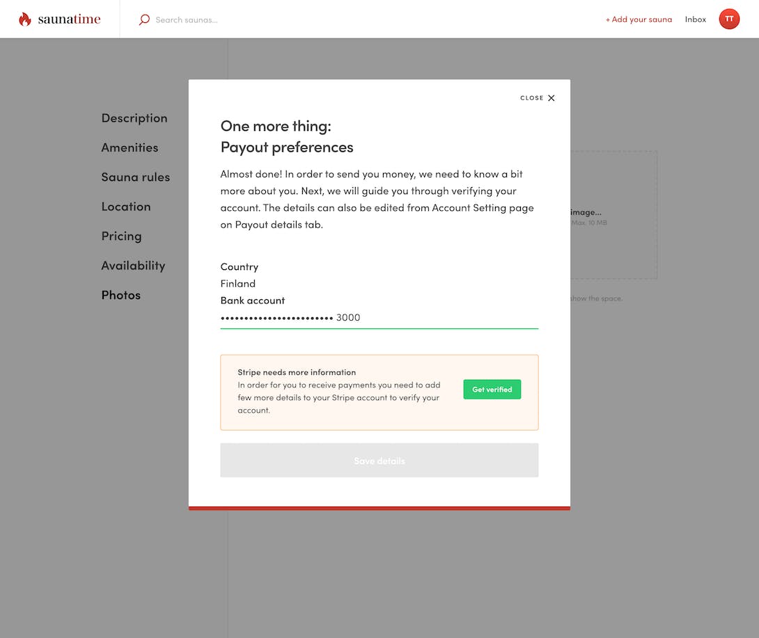 Screenshot of the Saunatime marketplace app's provider onboarding for payouts.