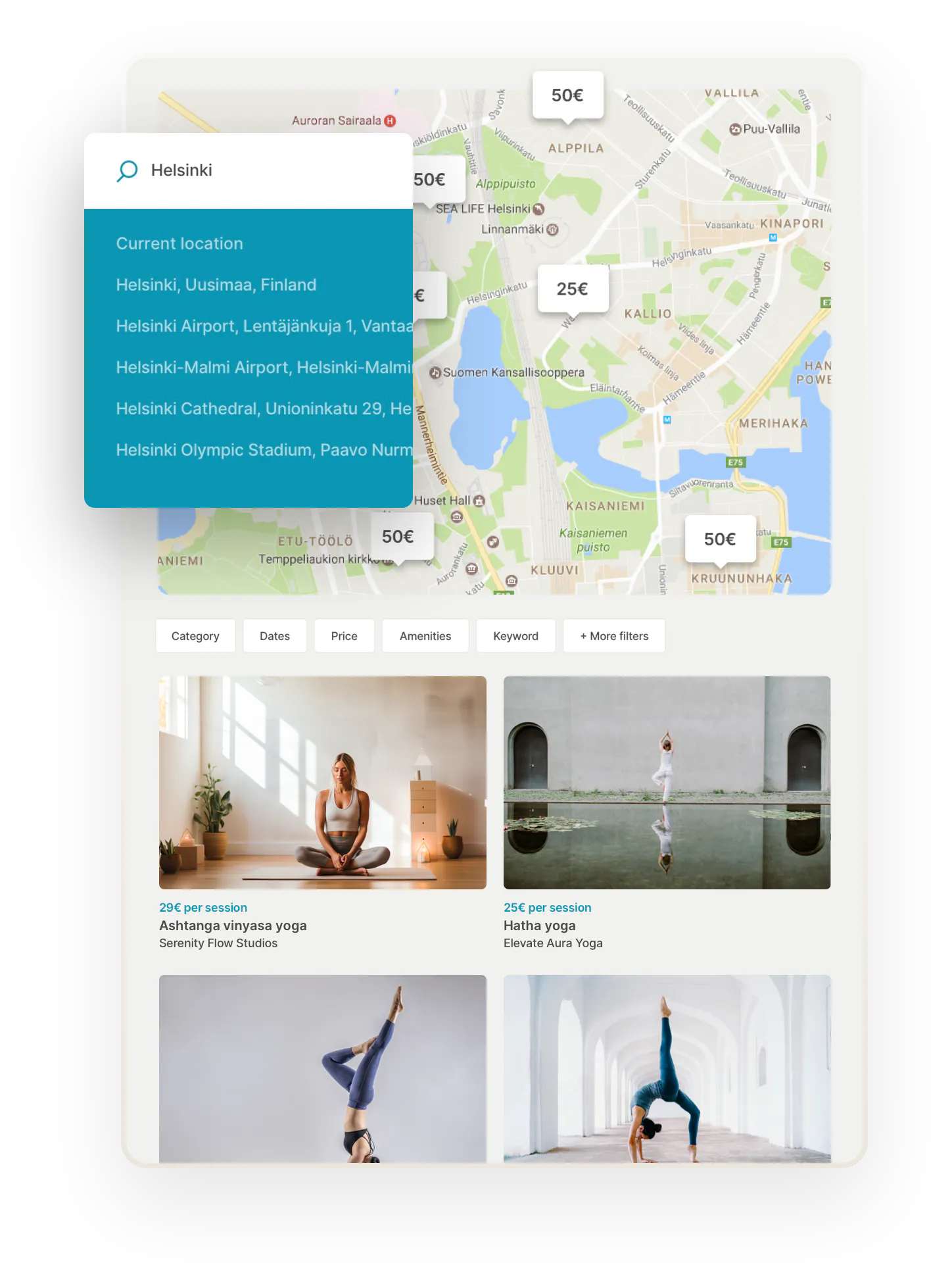 A map on a Yogatribe marketplace, with bubbles for addresses with yoga classes. Below, there are some additional filters like dates and keywords. Then, some yoga class thumbnails. Overlaid on top is a location search bar with suggested locations.