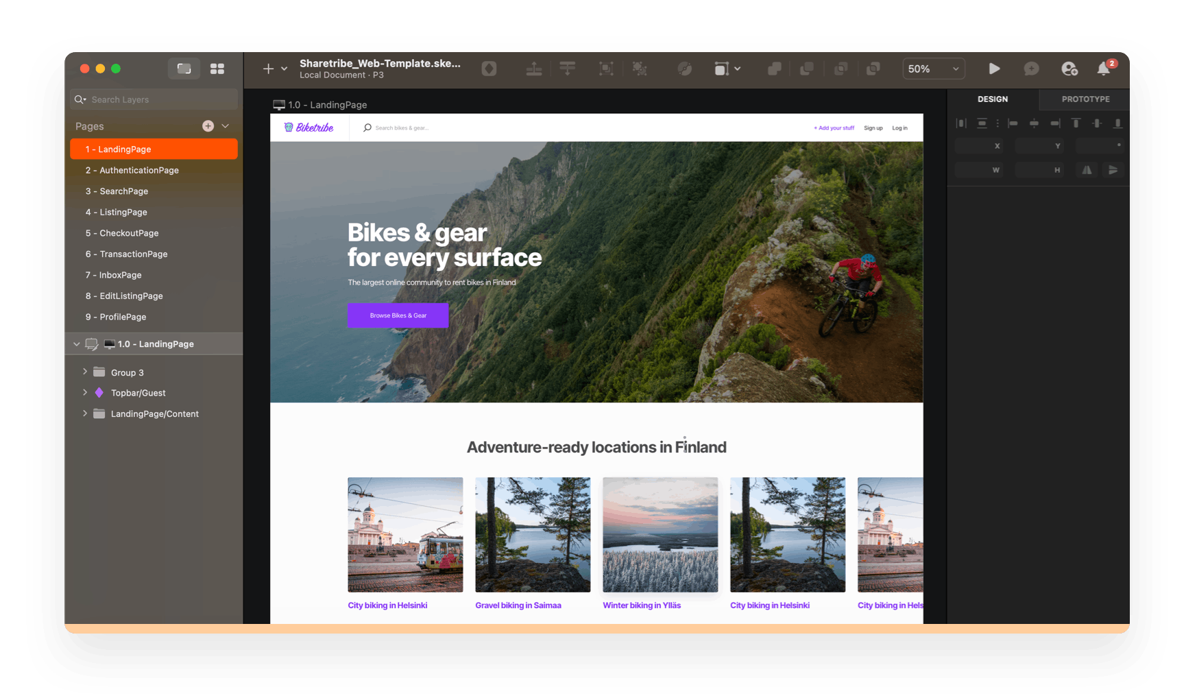 A screenshot of a Sharetribe sample marketplace Biketribe landing page design file in the Sketch app.