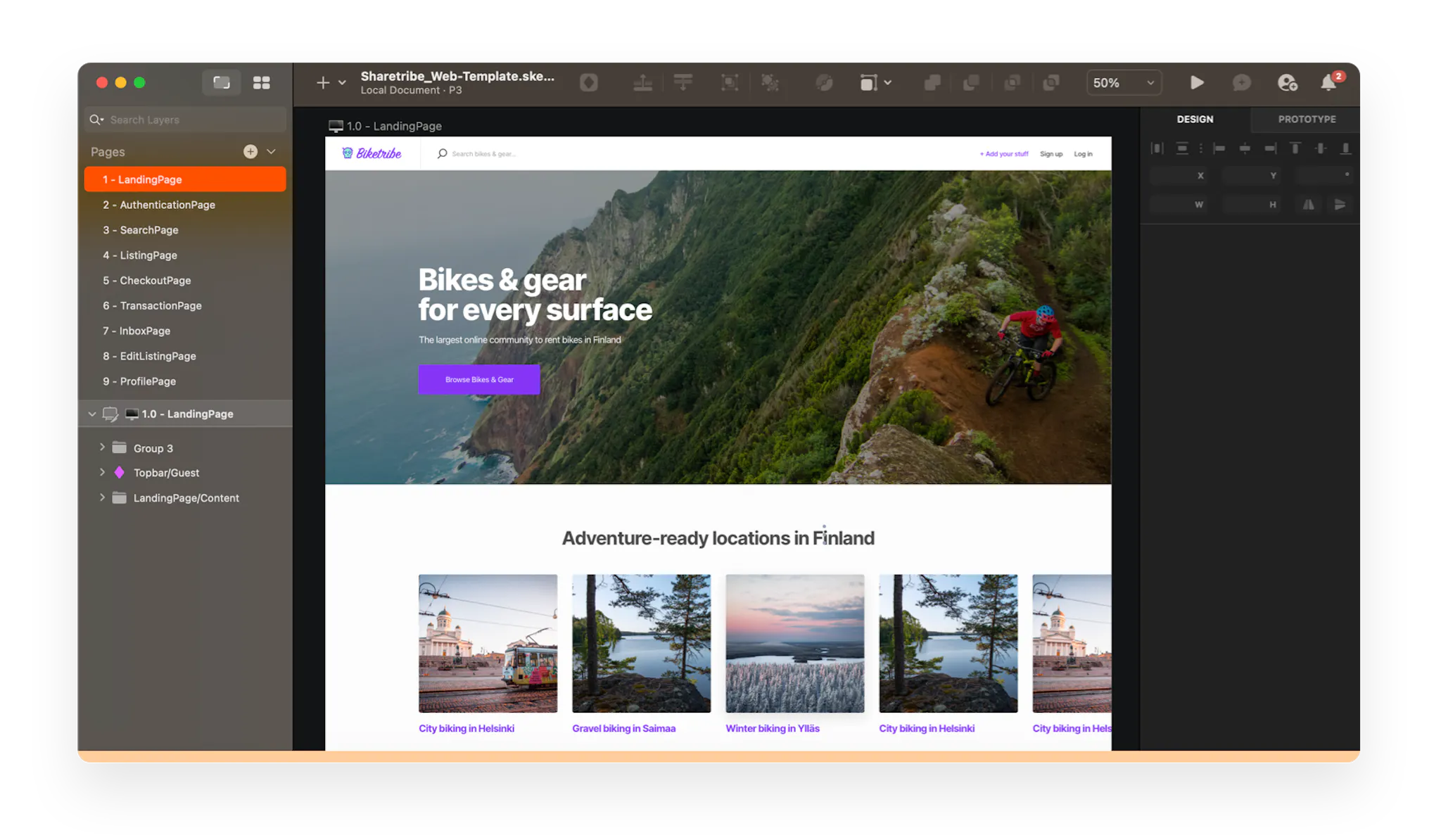 A screenshot of a Sharetribe sample marketplace Biketribe landing page design file in the Sketch app.