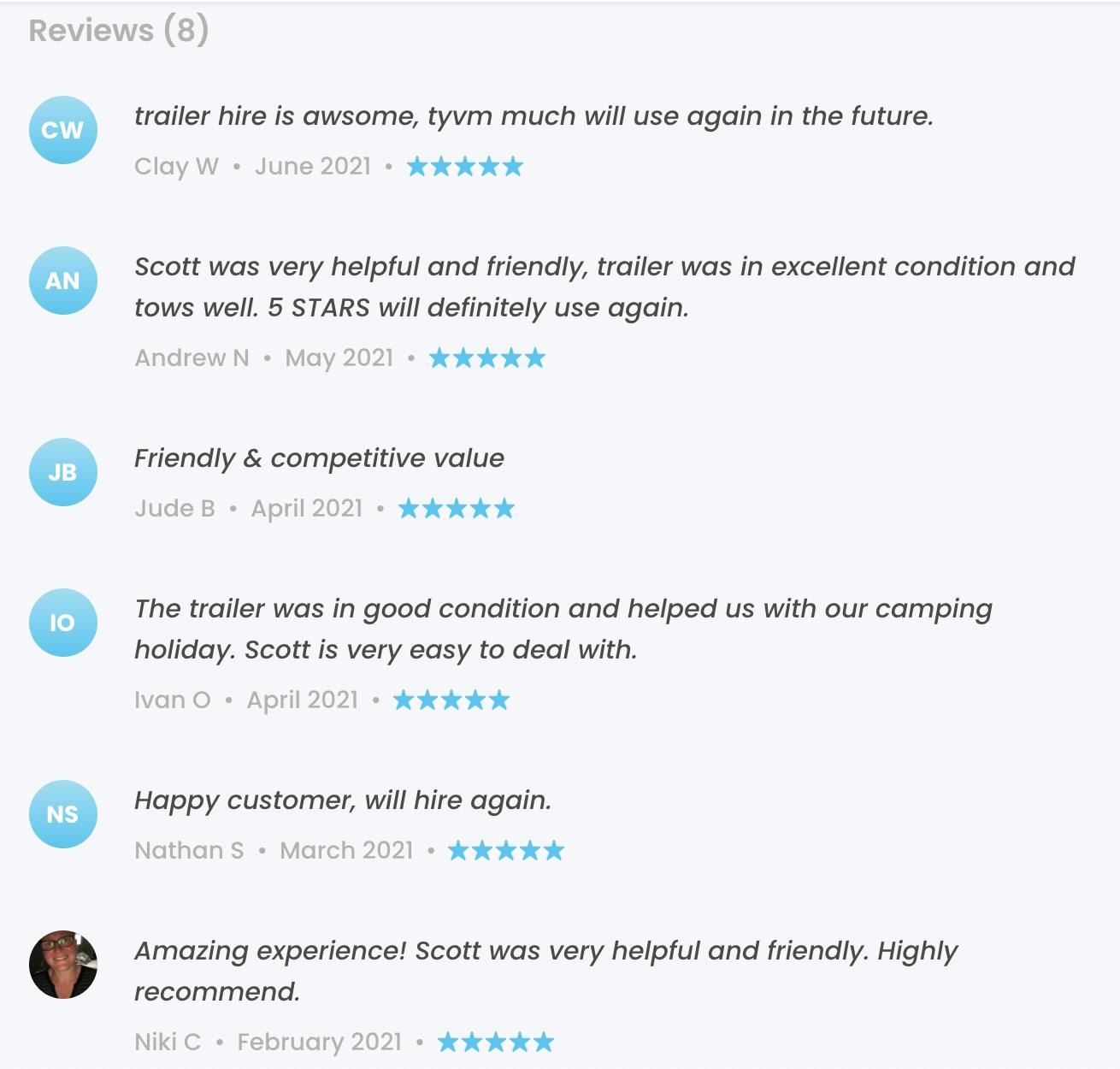 Screenshot of Local Trailer Hire marketplace provider profile design, with lots of five-star reviews and positive comments.