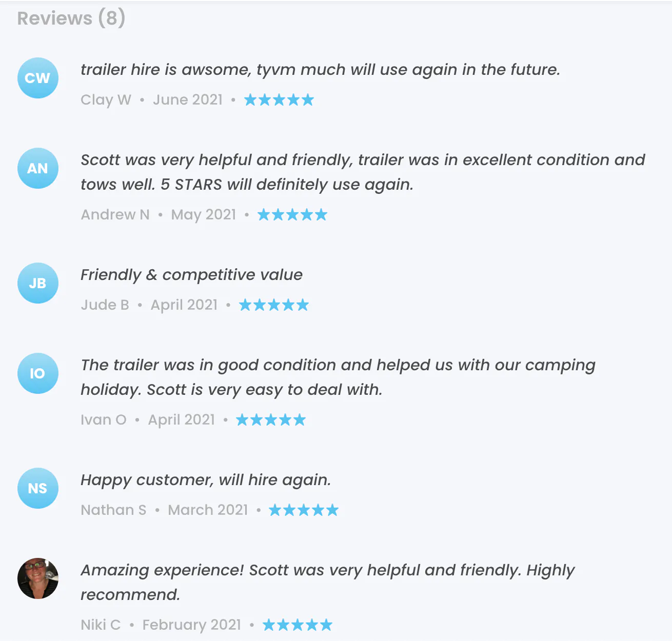 Screenshot of Local Trailer Hire marketplace provider profile design, with lots of five-star reviews and positive comments.