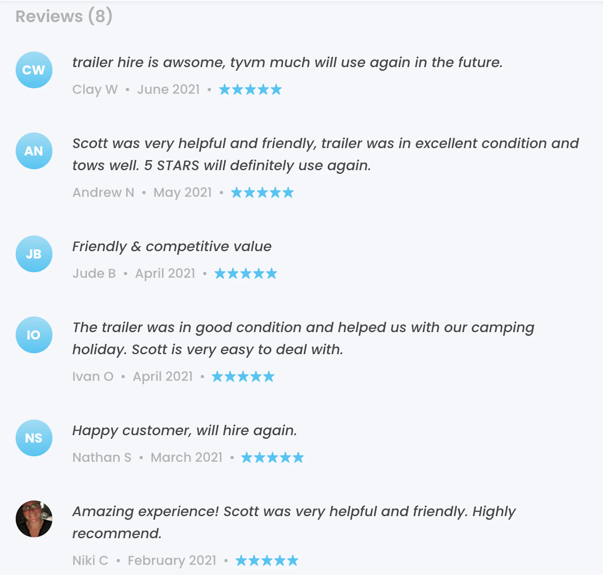 Screenshot of Local Trailer Hire marketplace provider profile design, with lots of five-star reviews and positive comments.