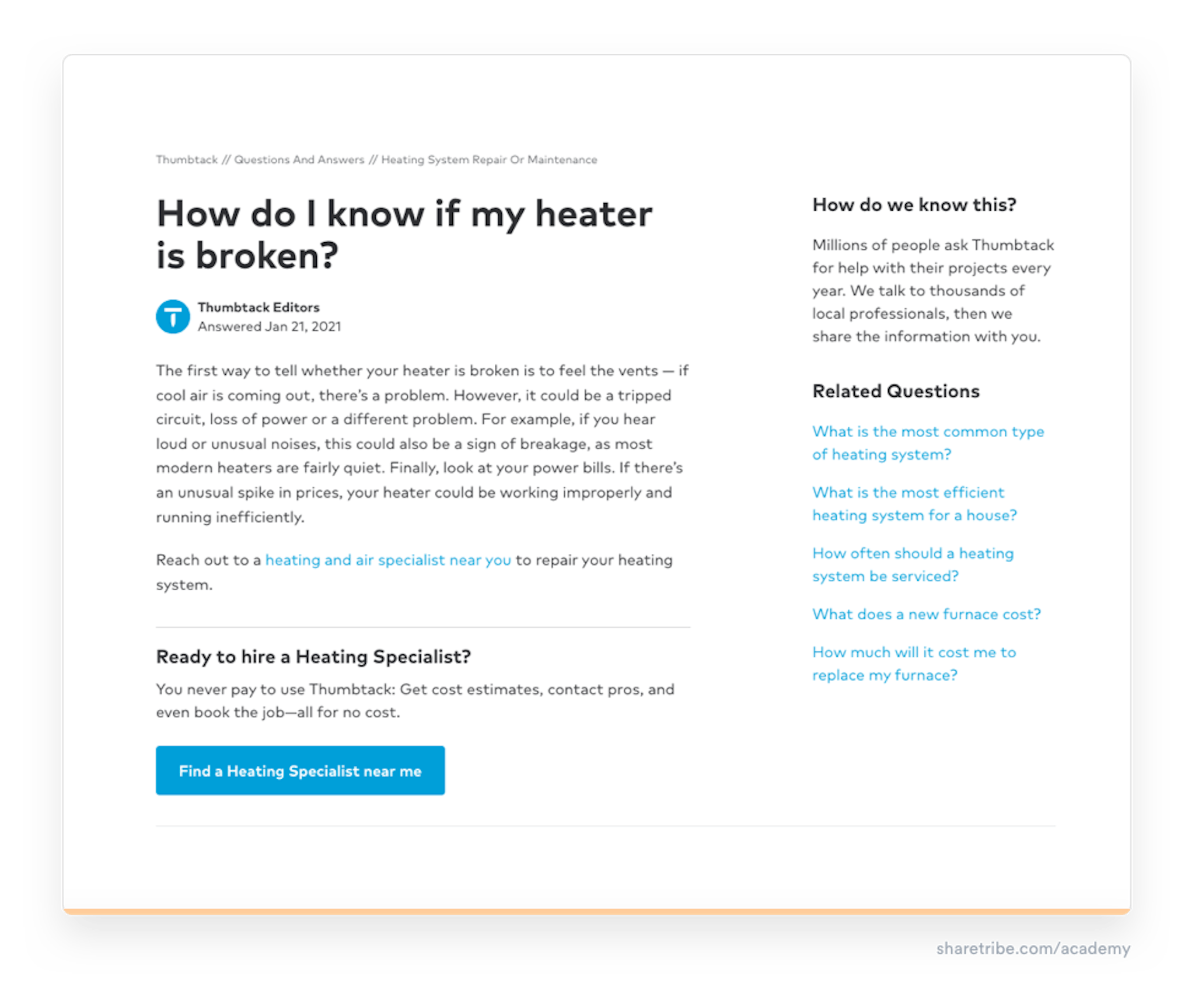 Screenshot of Thumbtack's question-and-answer content.