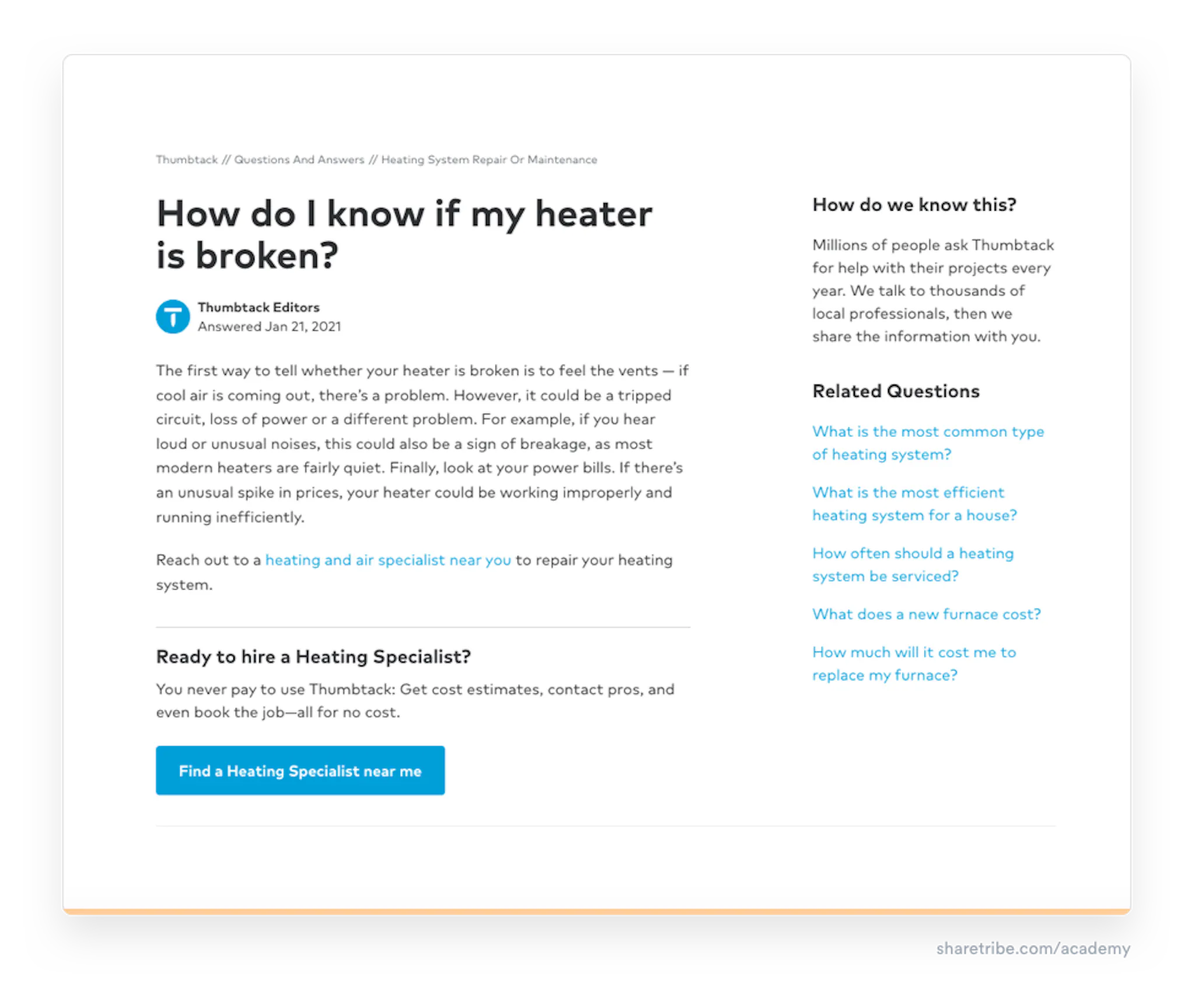 Screenshot of Thumbtack's question-and-answer content.
