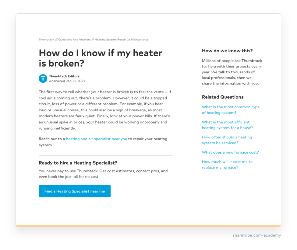 Screenshot of Thumbtack's question-and-answer content.