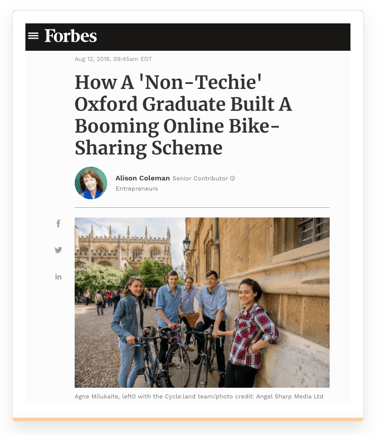 Screenshot of a Forbes article about Sharetribe customer Cycle.Land.