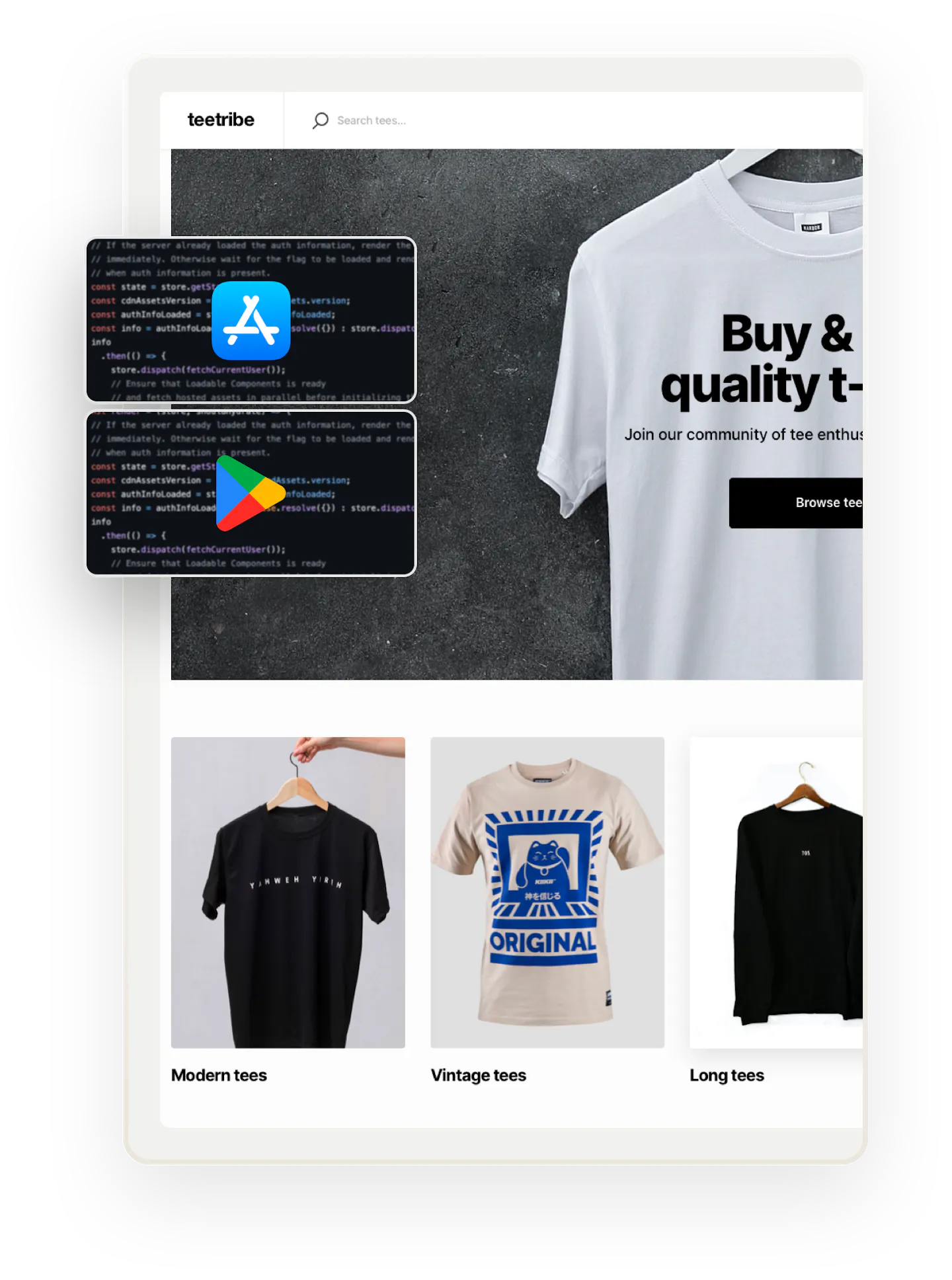 A snapshot of a landing page for Teetribe, a sample marketplace for selling t-shirts. Overlaid on top are two boxes showing code and the logos for Apple and Google's app stores, respectively.