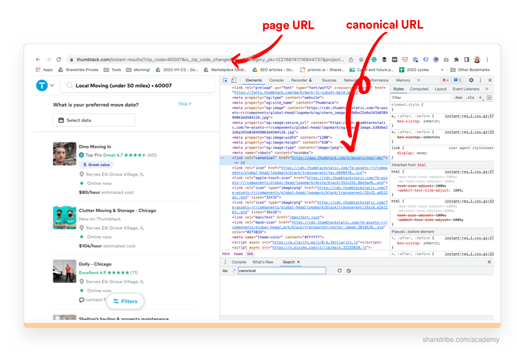 Screenshot of a Thumbtack page and its source code showing the use of a canonical tag.