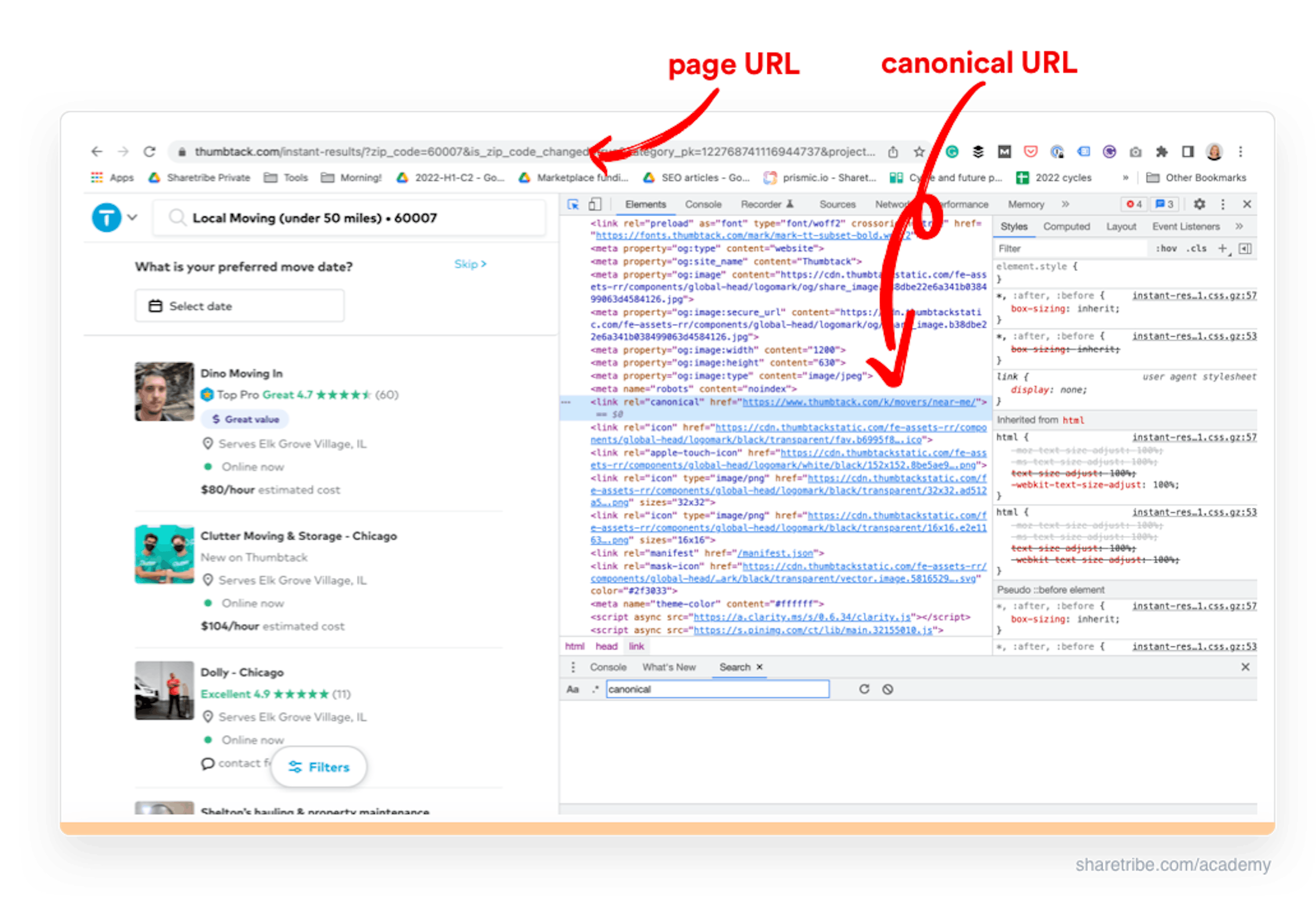 Screenshot of a Thumbtack page and its source code showing the use of a canonical tag.