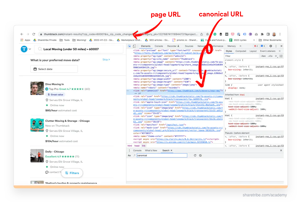Screenshot of a Thumbtack page and its source code showing the use of a canonical tag.