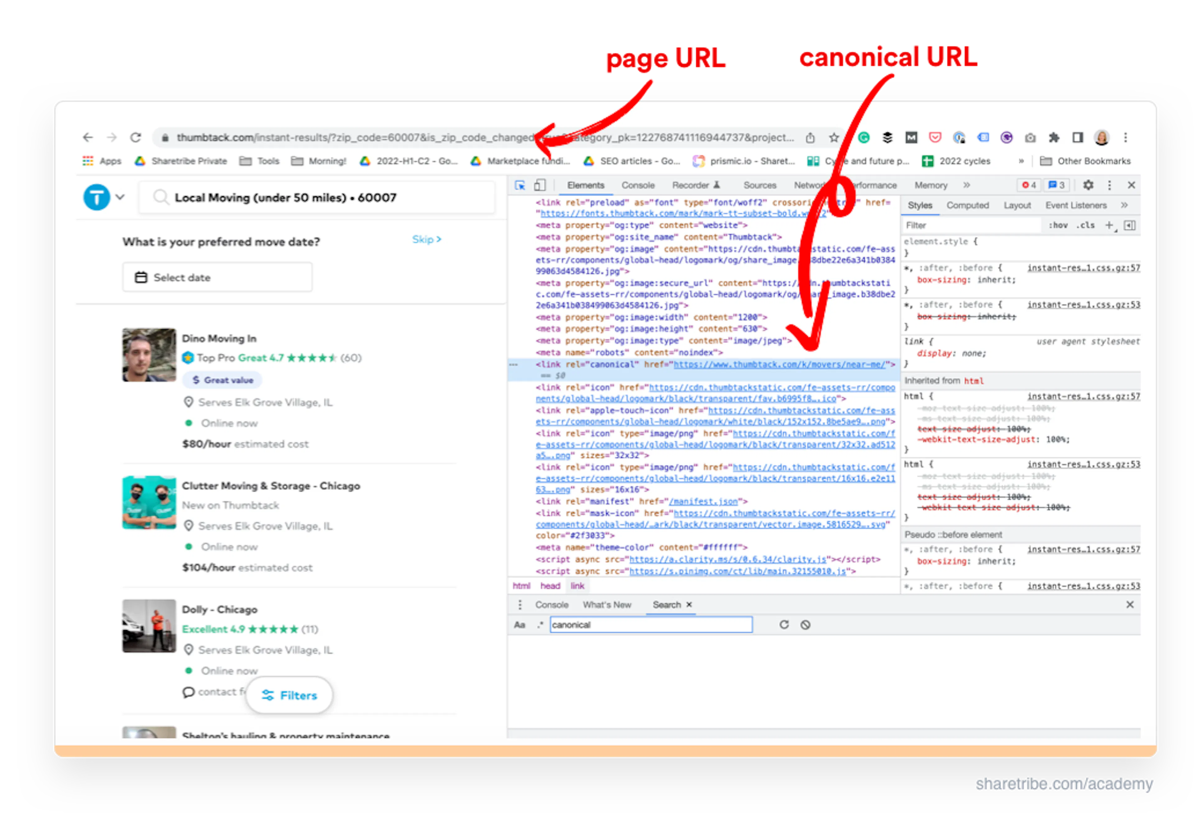 Screenshot of a Thumbtack page and its source code showing the use of a canonical tag.
