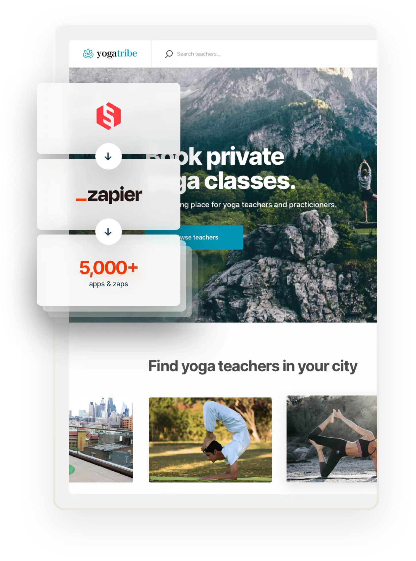 The Yogatribe service marketplace home page. Overlaid on top are three boxes connected by arrows. The first box has the Sharetribe logo. The second box has the Zapier logo. The third box says 5000+ apps and zaps.