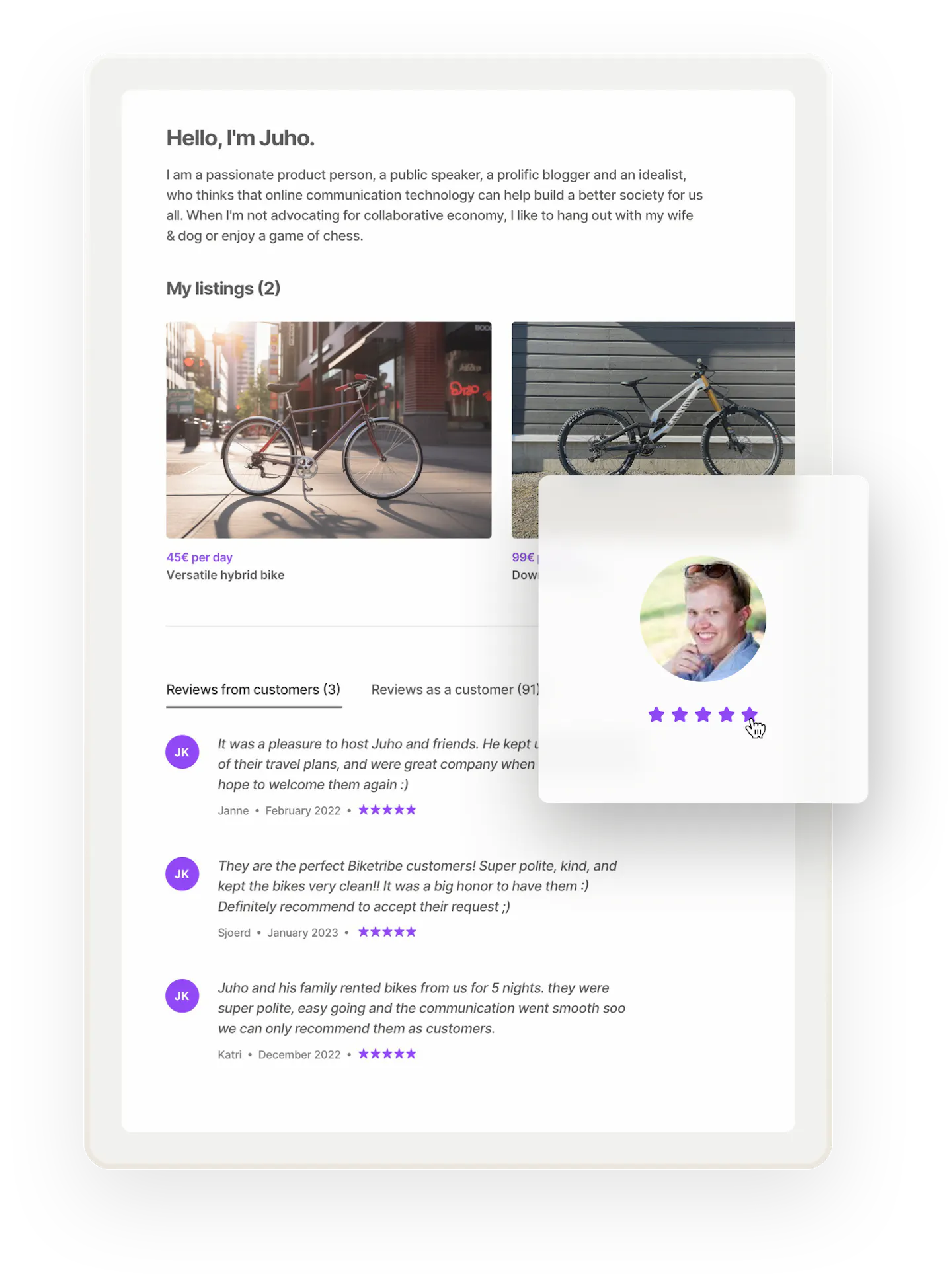 A sample page for a marketplace user called Juho. Juho looks a lot like Sharetribe's CEO, also called Juho. The page includes two bike listings from Juho as well as glowing reviews as both a renter and a customer. 