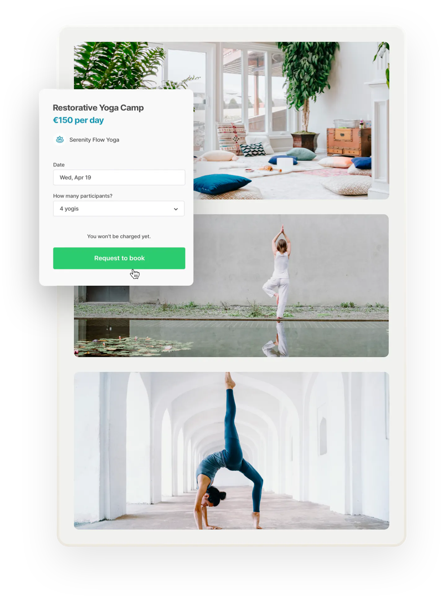 Three images of yoga-related things. First, a comfortable yoga studio with plants and pillows. Below, two people doing yoga. Overlaid on top is a booking form with the option to choose the number of participants.