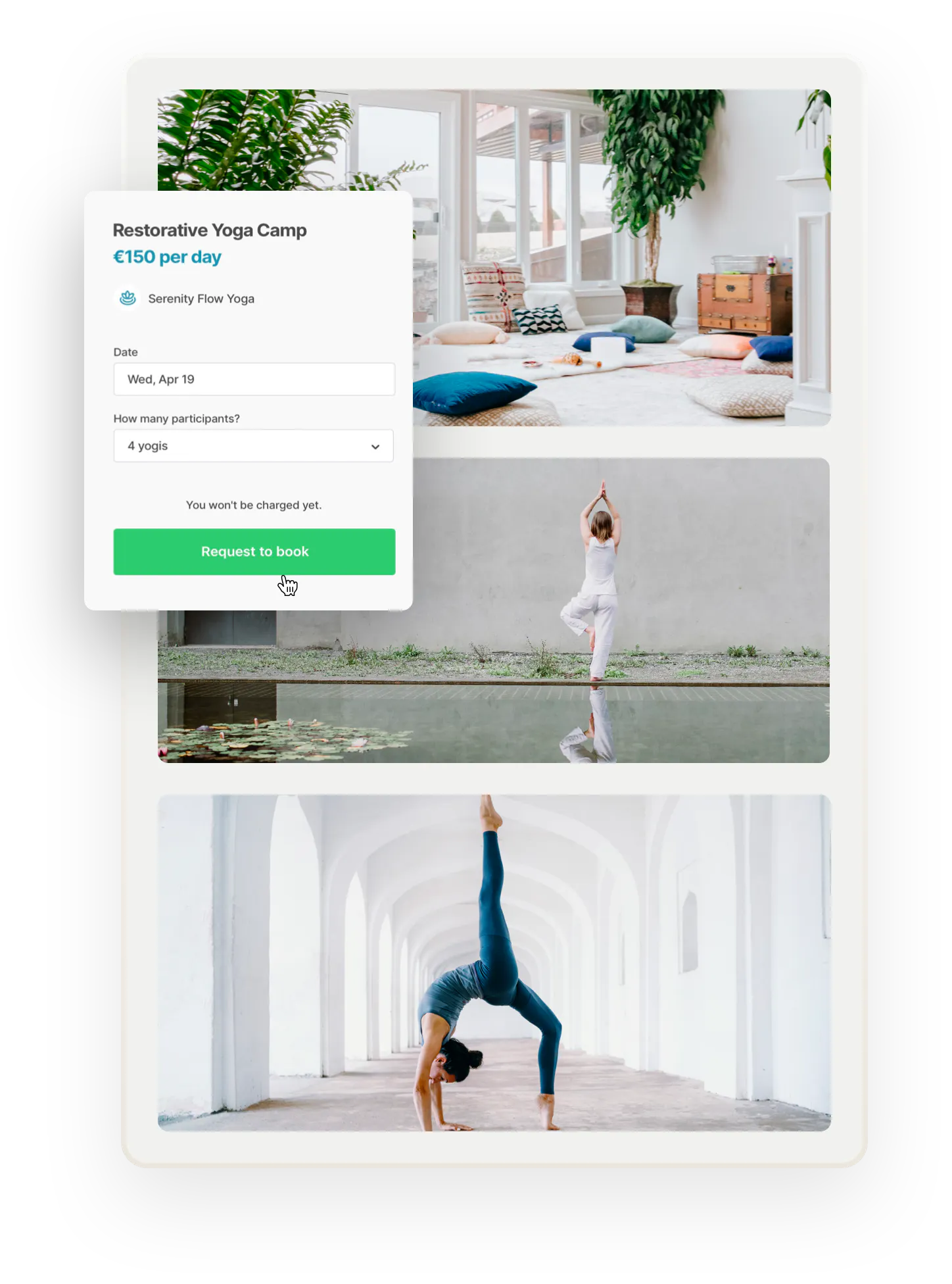 Three images of yoga-related things. First, a comfortable yoga studio with plants and pillows. Below, two people doing yoga. Overlaid on top is a booking form with the option to choose the number of participants.