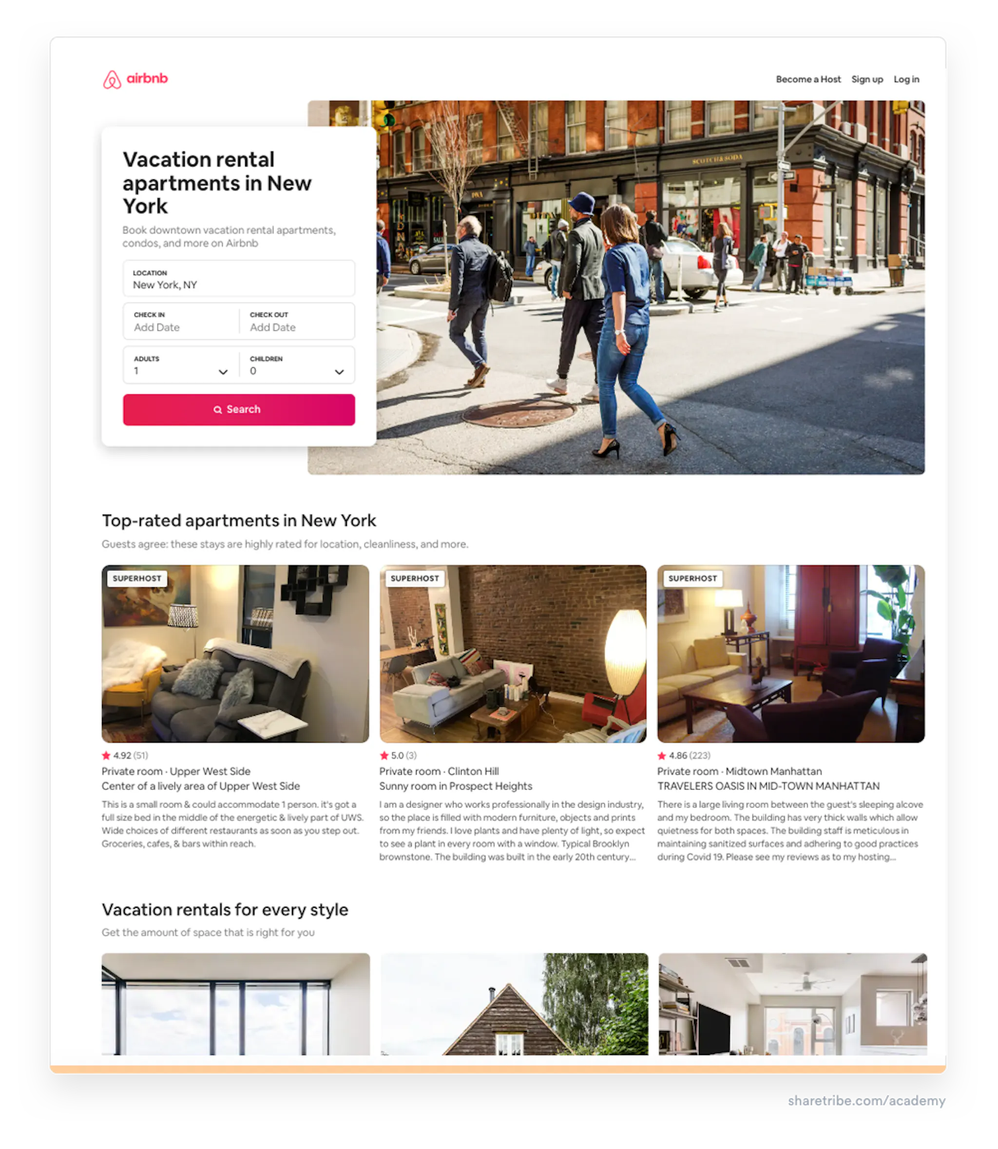 Screenshot of Airbnb's landing page for "vacation rentals in X" type queries.
