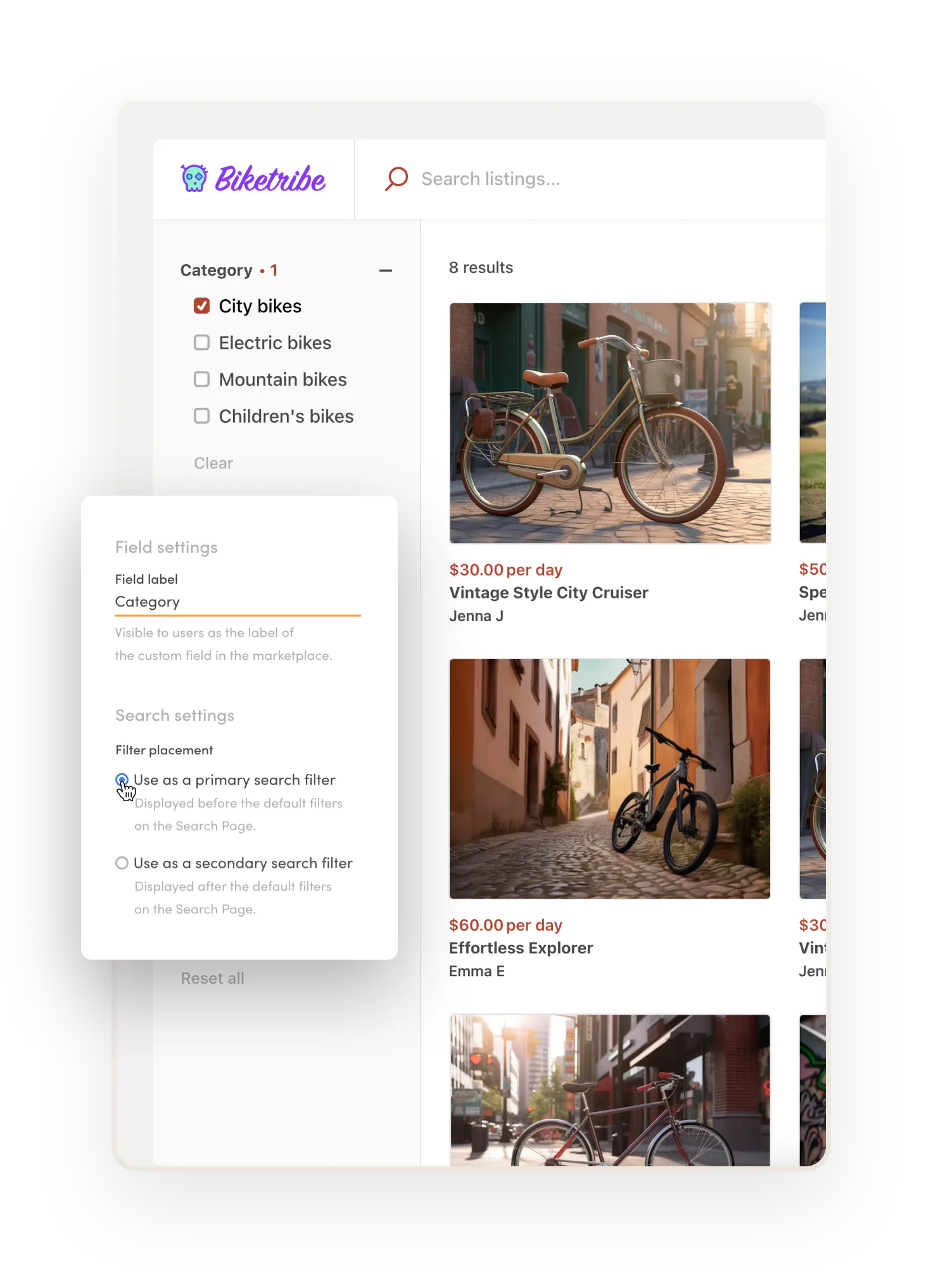 In the background, a category filter on the search results page of a bike rentail marketplace. Overlaid on top is the feature in Console. The operator is creating a category filter and making it a primary filter.