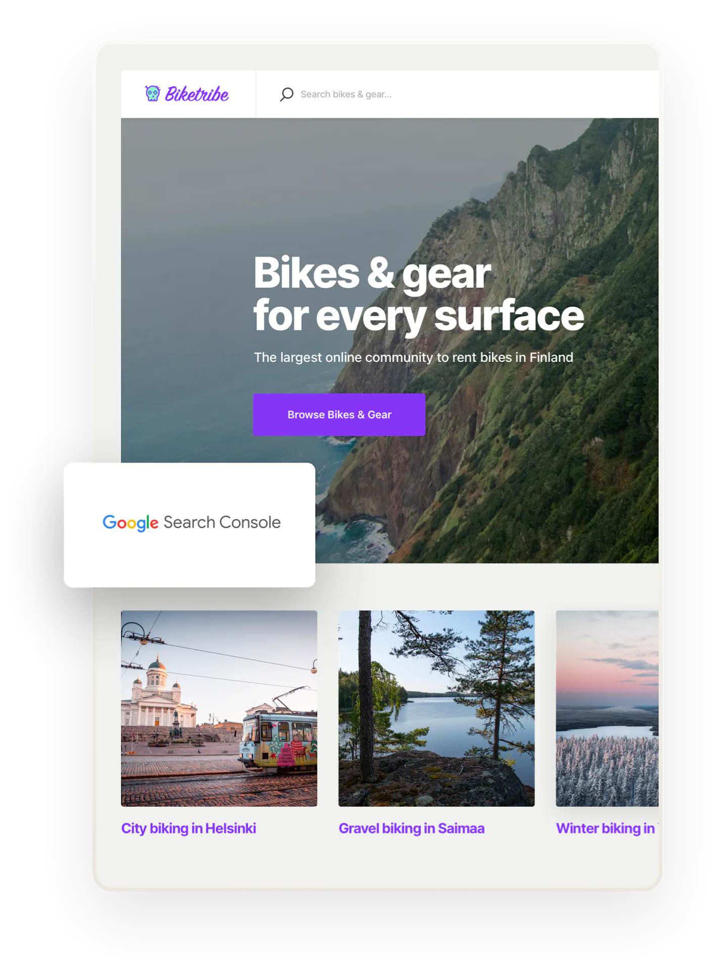 The home page of a bike rental marketplace. Overlaid on top is the Google Search Console logo.