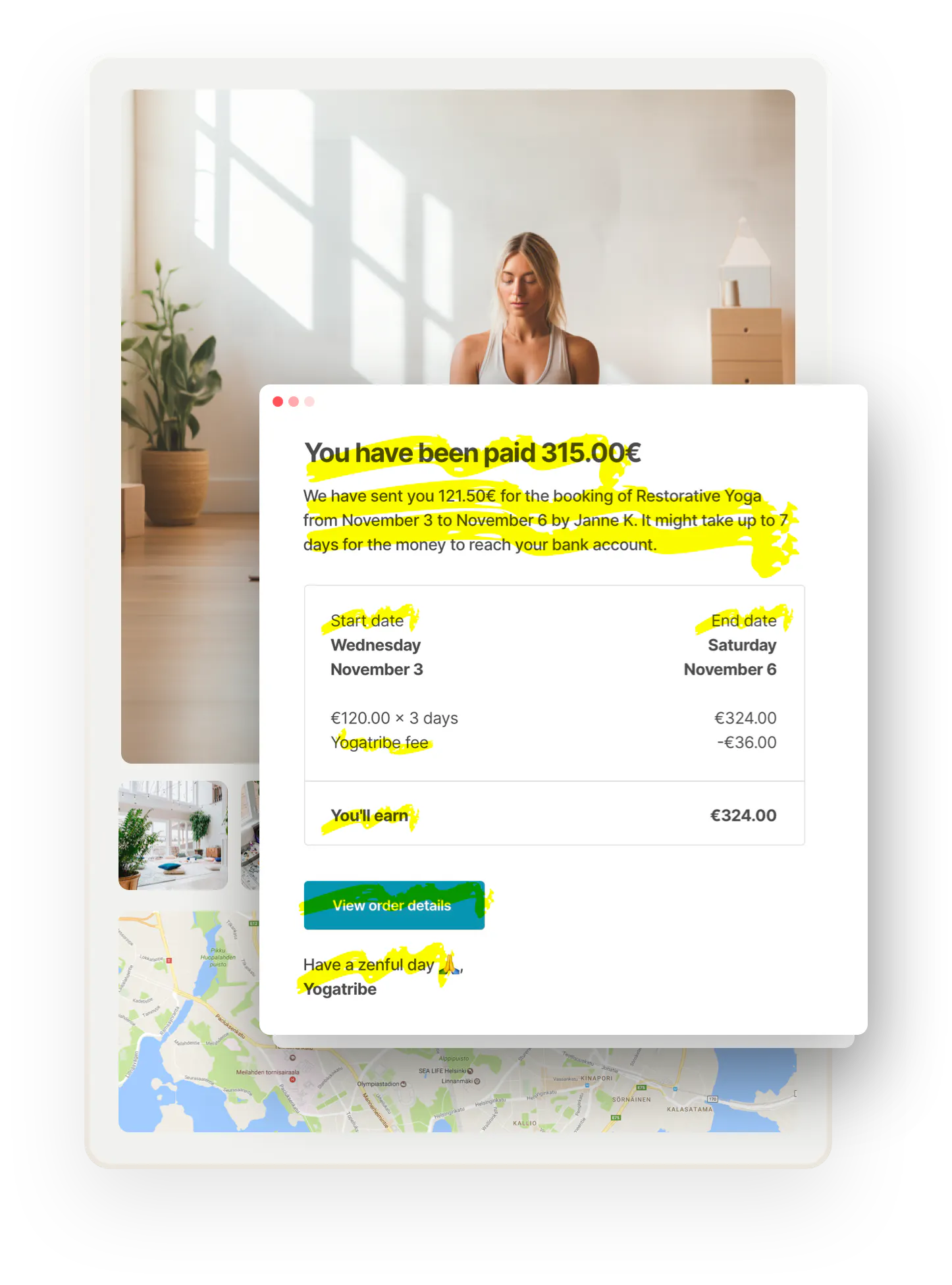 An email from the Yogatribe marketplace. The email texts are highlighted to show you can change these texts.