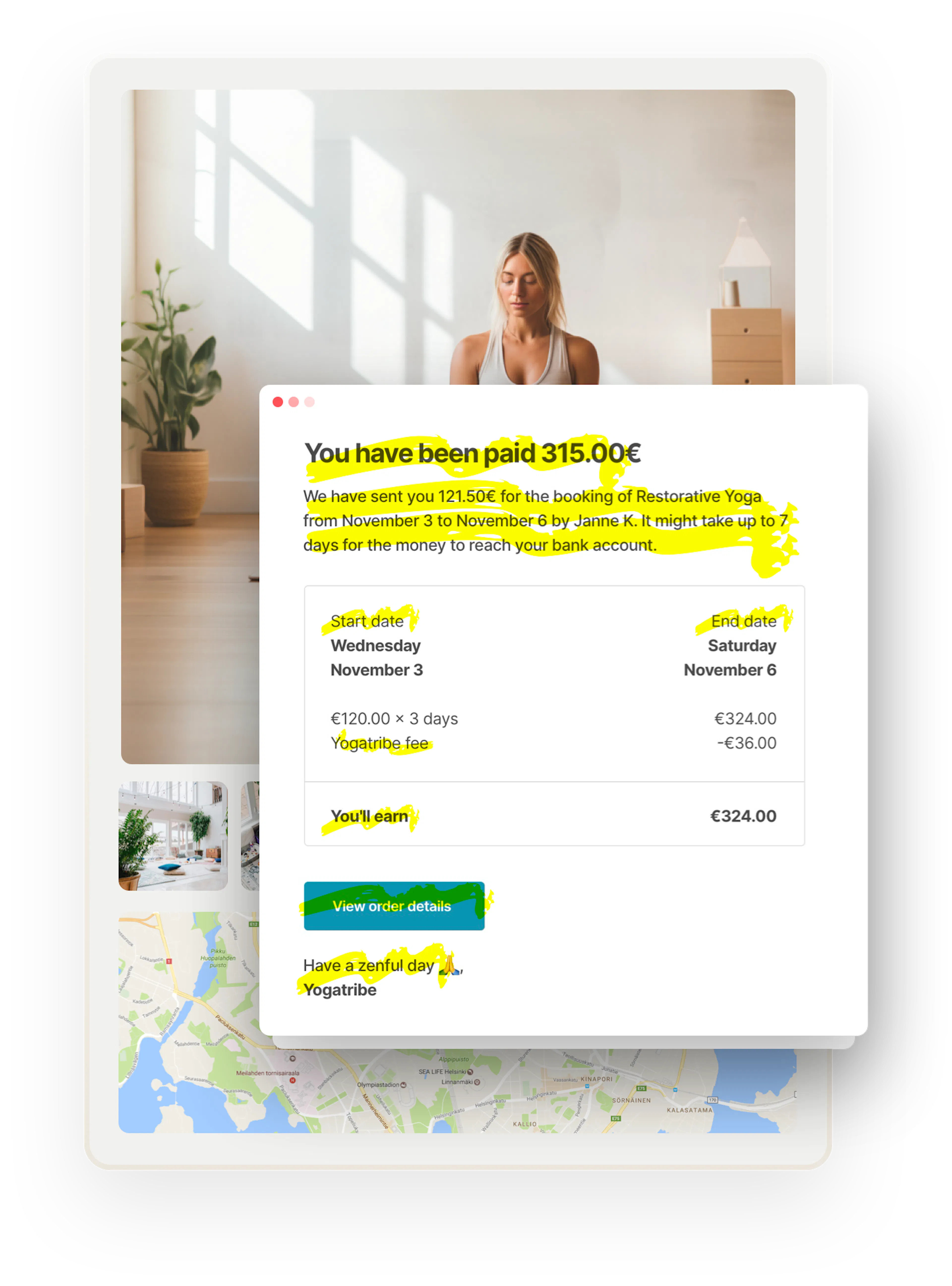 An email from the Yogatribe marketplace. The email texts are highlighted to show you can change these texts.