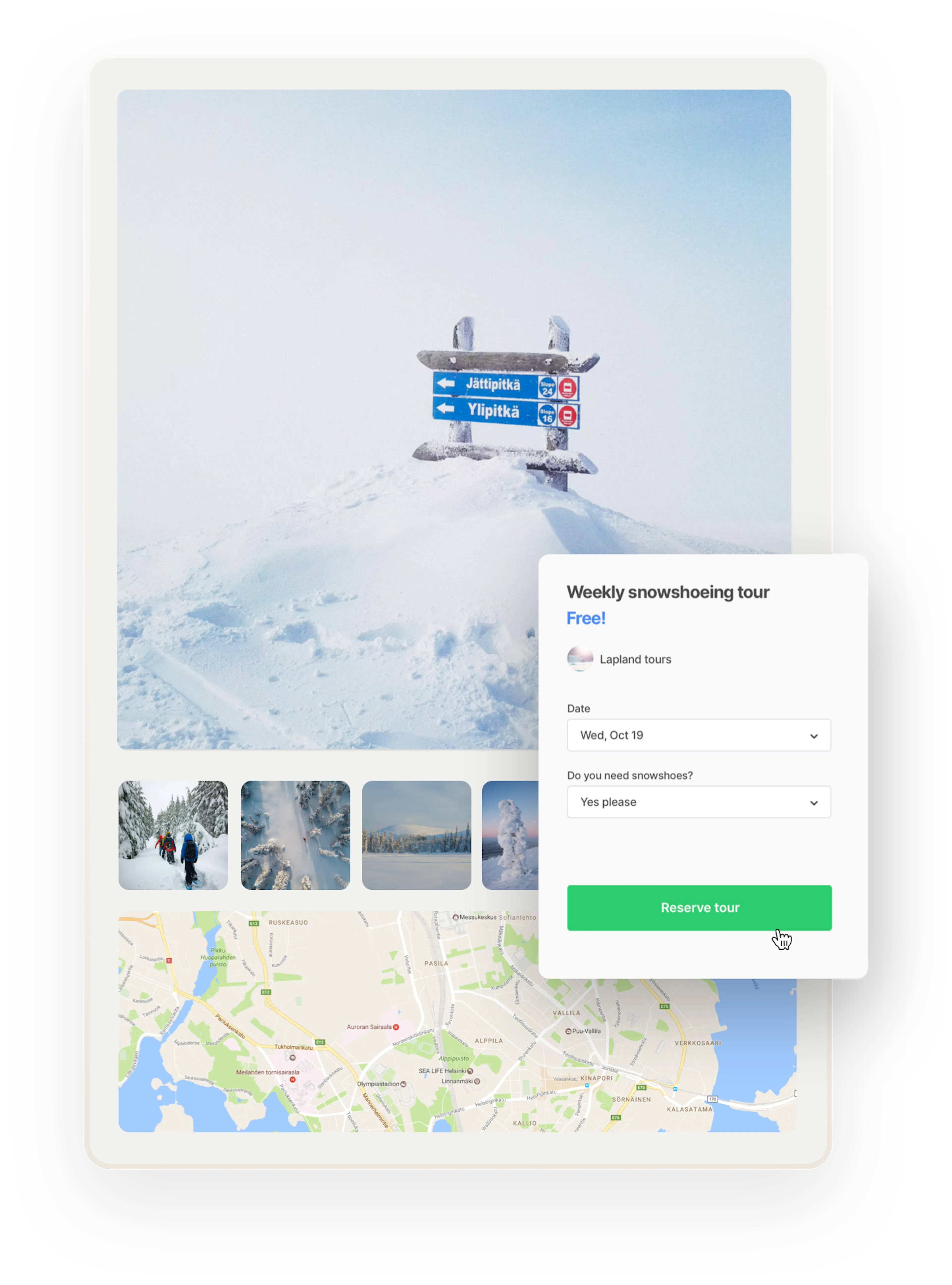 The top of the Ylläs mountain. Below are other images of wintry Finnish Lapland and a map. Overlaid on top is a booking form with a Reserve tour button.