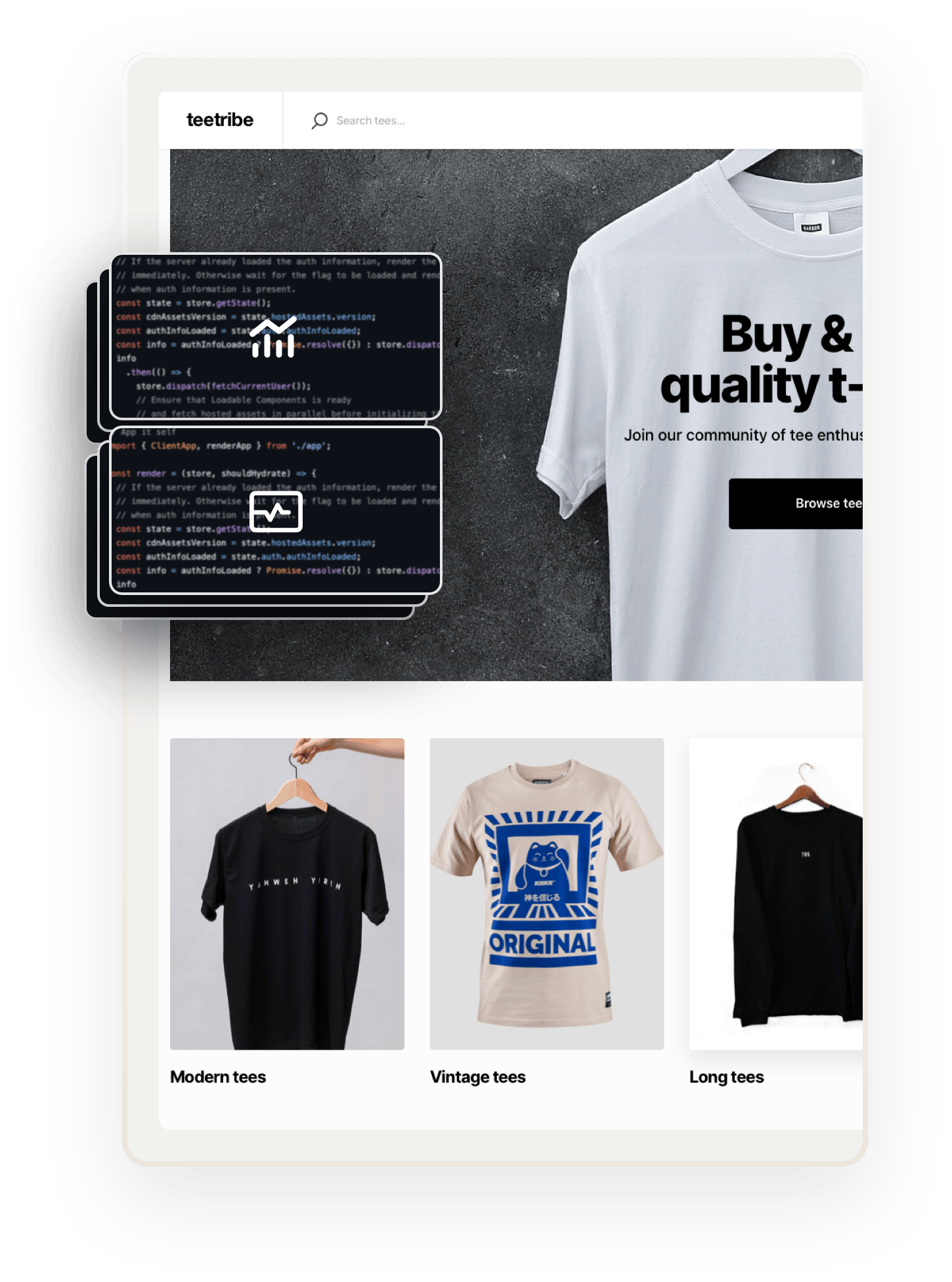 A snapshot of a landing page for Teetribe, a sample marketplace for selling t-shirts. Overlaid on top are several boxes showing code. The two boxes on top show an analytics symbol and a status symbol, showing that these features can be added with coding.