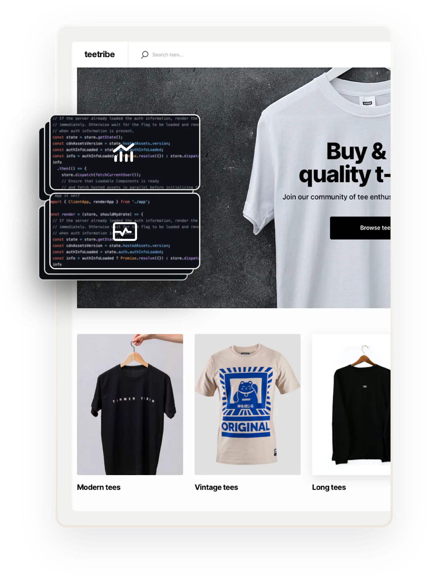 A snapshot of a landing page for Teetribe, a sample marketplace for selling t-shirts. Overlaid on top are several boxes showing code. The two boxes on top show an analytics symbol and a status symbol, showing that these features can be added with coding.
