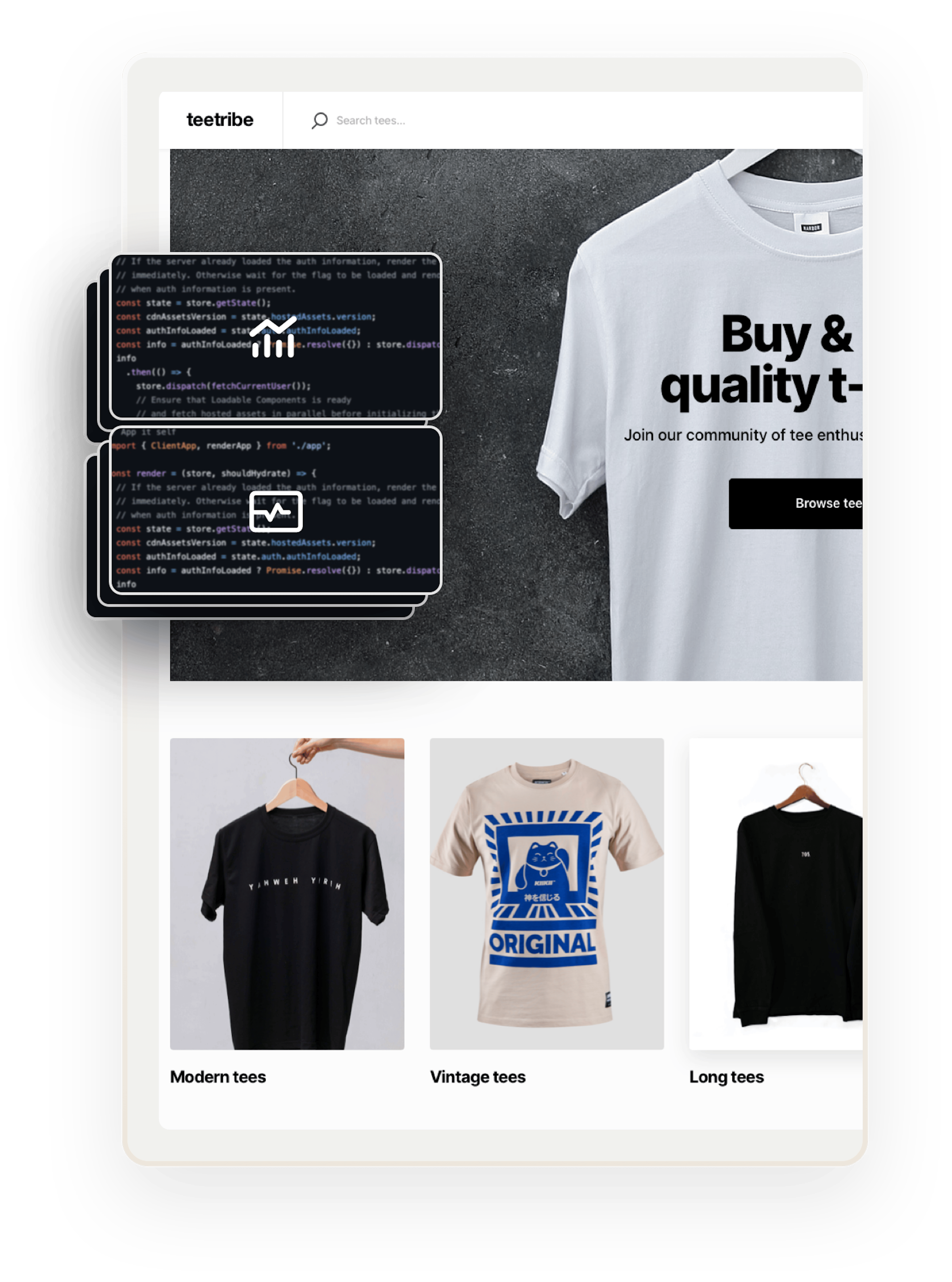 A snapshot of a landing page for Teetribe, a sample marketplace for selling t-shirts. Overlaid on top are several boxes showing code. The two boxes on top show an analytics symbol and a status symbol, showing that these features can be added with coding.