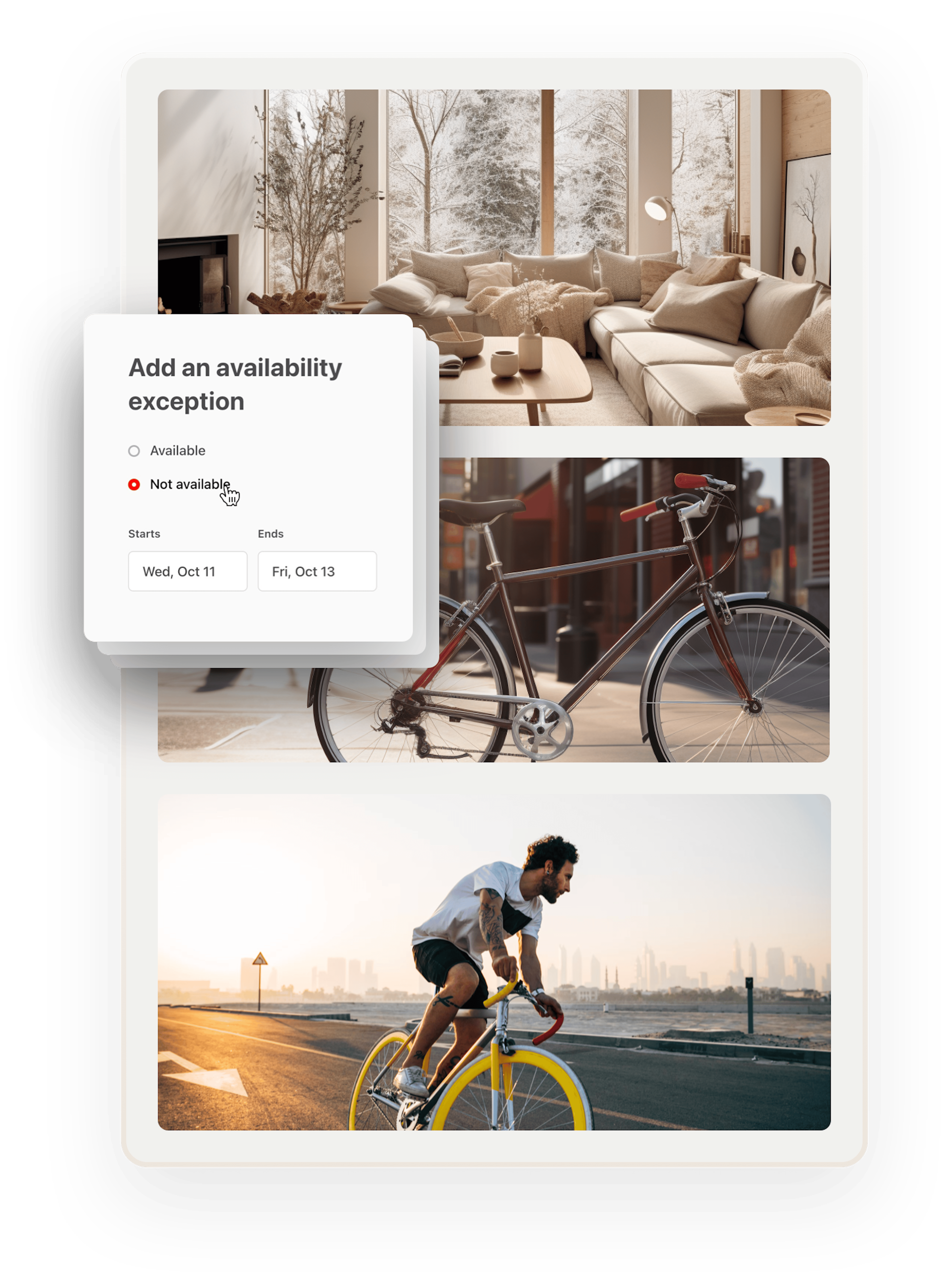 Example of availability exceptions. Images of a modern cottage, a city bike, and a sports bike are overlaid with two booking forms. The availability exception feature is overlaid on top. The provider is removing two days in October from availability.