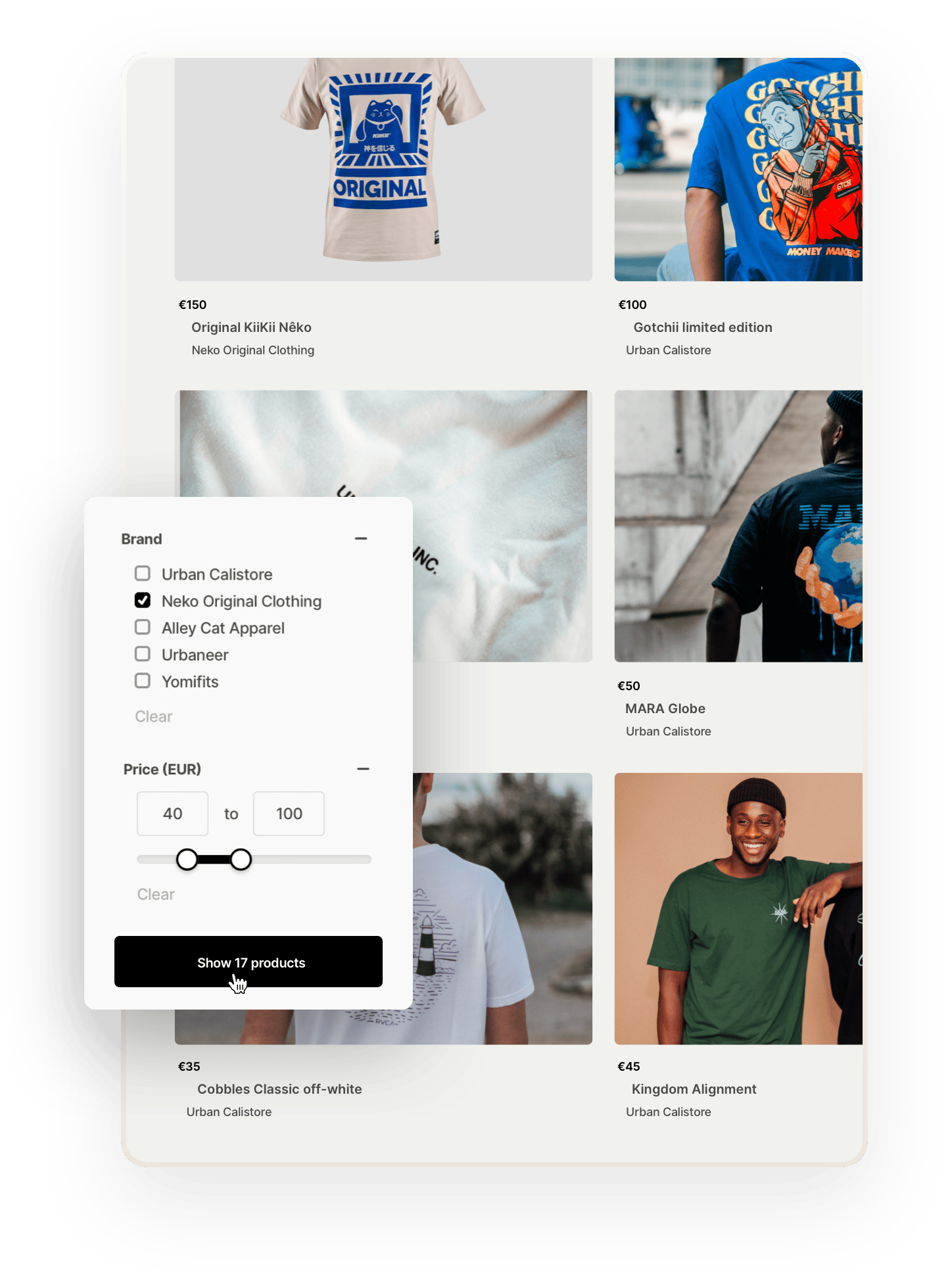 A grid of t-shirt thumbnails with an image, title, and price on a search page. Overlaid on top is a box with filters: brand and price.