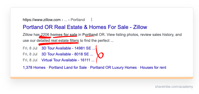 Screenshot of Zillow's Google search result with a keyword-rich meta description.