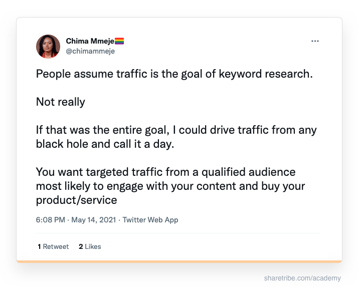 Chima Mmeje's tweet about the importance of keyword relevance.