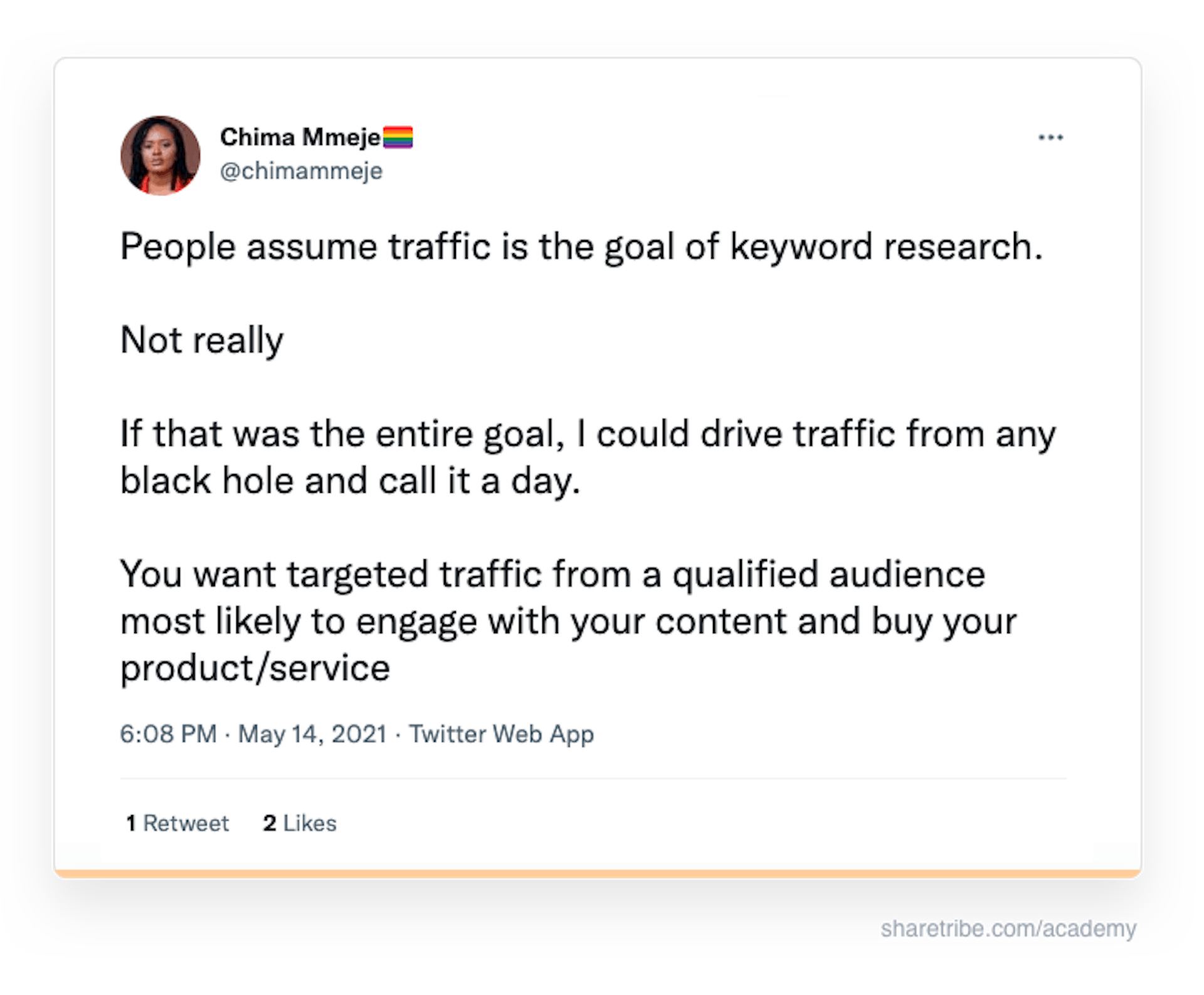 Chima Mmeje's tweet about the importance of keyword relevance.