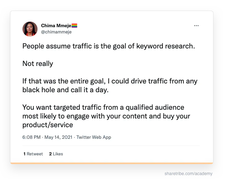 Chima Mmeje's tweet about the importance of keyword relevance.