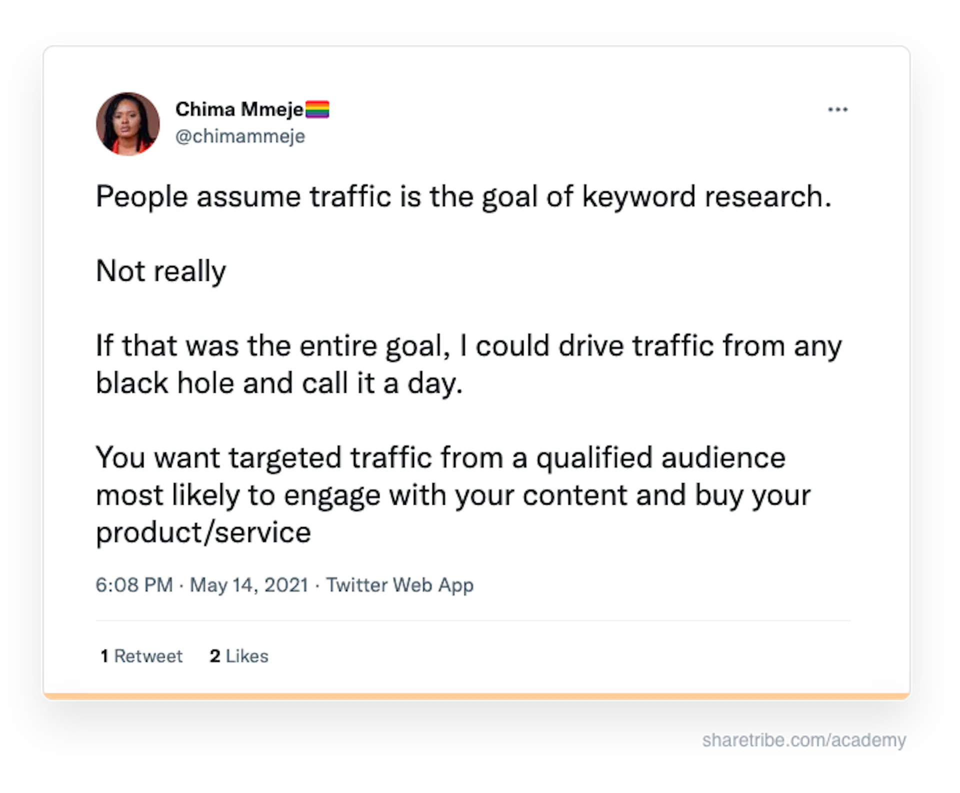 Chima Mmeje's tweet about the importance of keyword relevance.